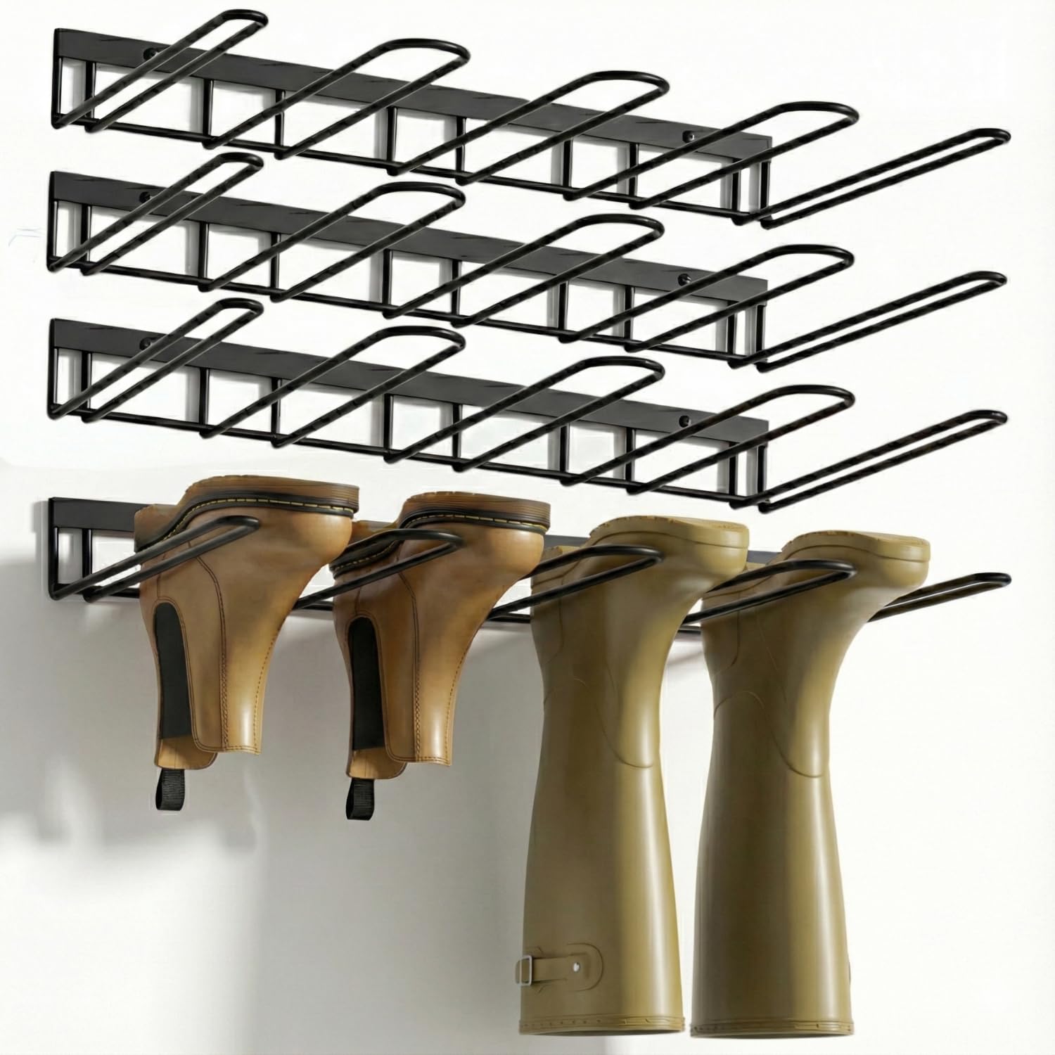 Wall Mount Boot Rack Metal Wader Hangers for Tall Boots, 8 Pair Boot Storage Organizer for Entryway Garage, Heavy Duty Cowboy Boot Holder for Rain Work Shoes, Outdoor & Indoor Use(4 Pack)