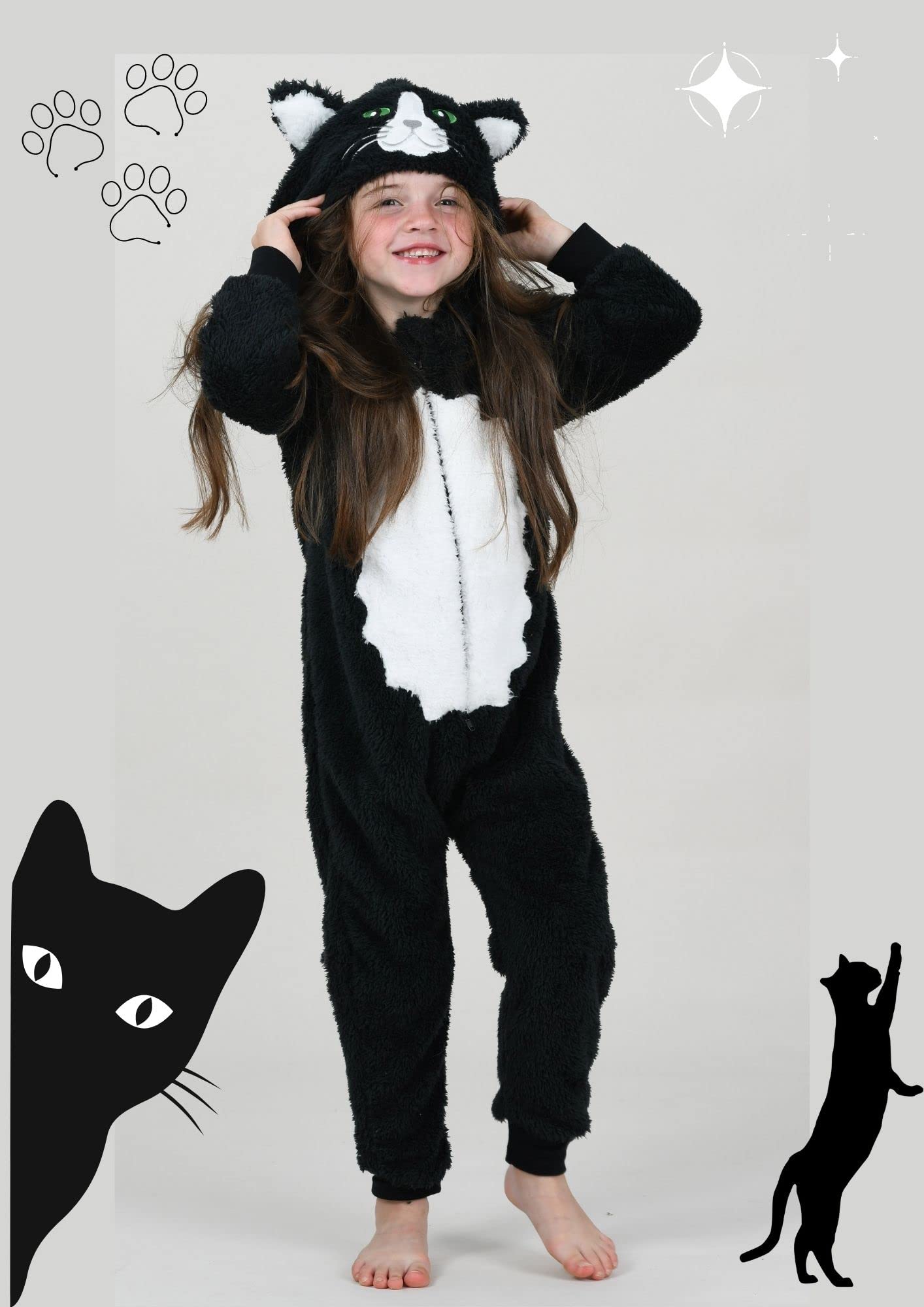Tierkostüme Einteiler für Kinder Katze Kätzchen schwarz-weiß Fleece 2-13 Jahre