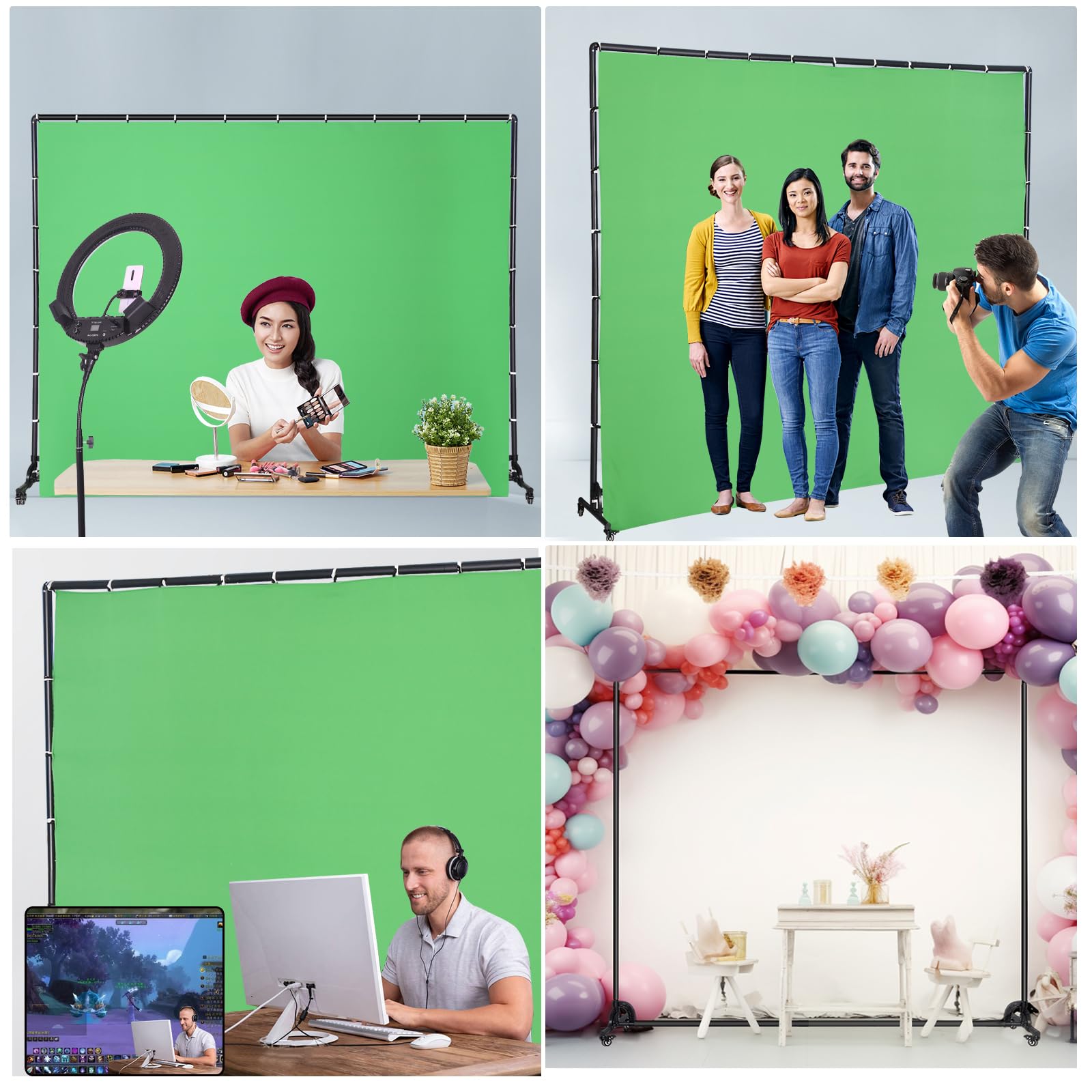 Soporte de fondo verde móvil de 7 x 10 pies con polea, para grabación de video de estudio, clave, producción de efectos especiales, fondo de escenario, disparo de retratos, transmisión en
