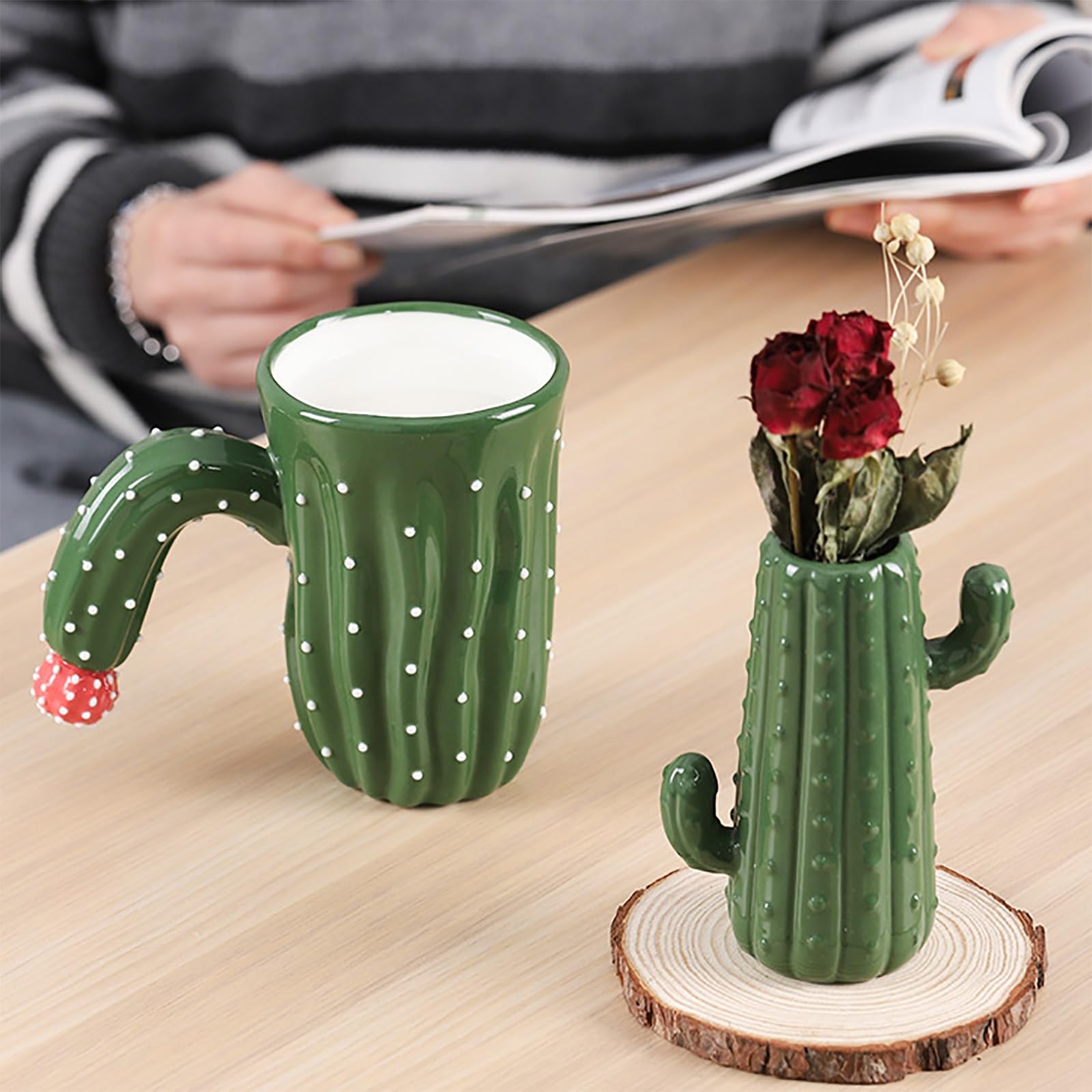 400ml / 13.5oz, Taza Ceramica con Forma de Cactus, Tazas Divertidas, Antiescaldado y Antideslizante, Ideal para El Hogar, La Oficina o como Regalo