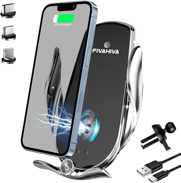 FIVAHIVA Wireless Car Charger Electromagnetic Sense Qi 15W Fast Charging Car Phone Holder Wireless Charger Vent Mount for i.Phone 13/12/11 Pro Max Mini Samsung Galaxy Note Huawei Mate Xiaomi Mix etc