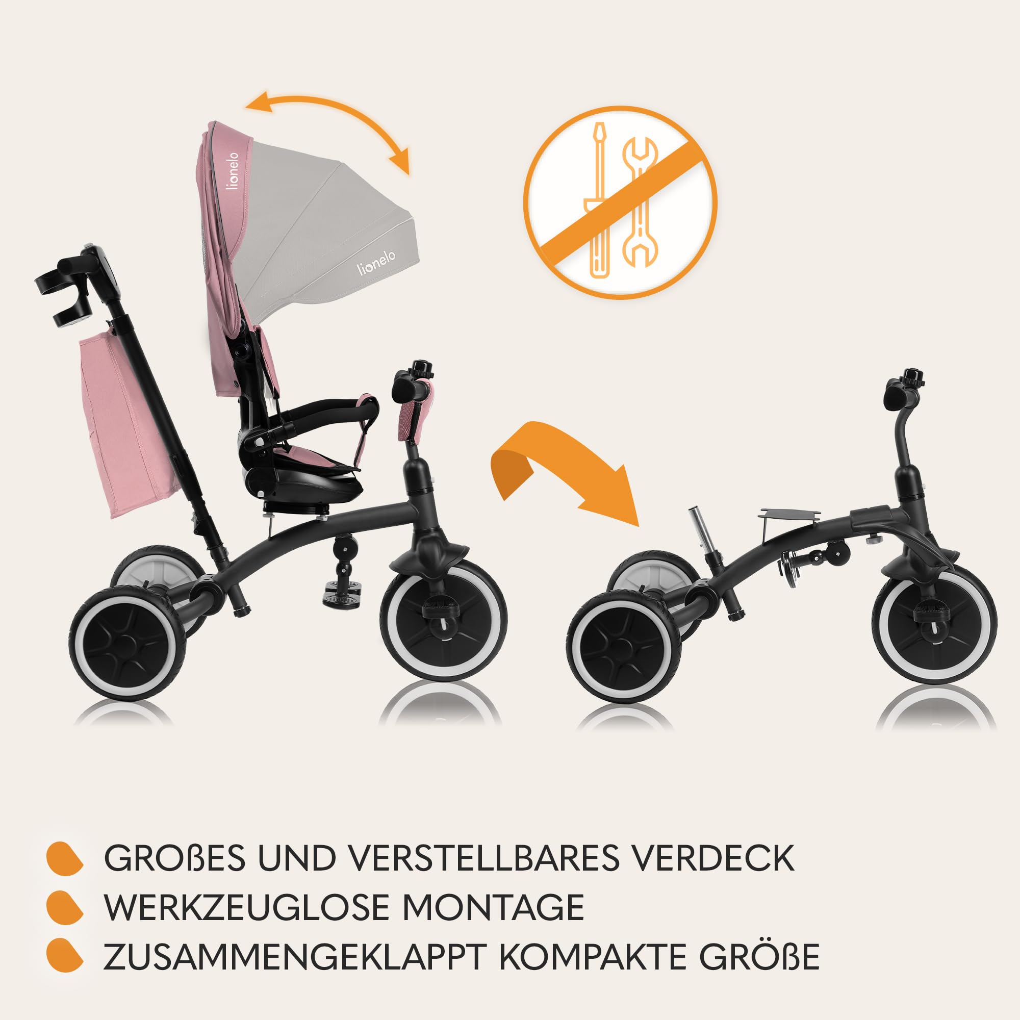 LIONELO Tris Plus Multifunktionales Laufrad Dreirad von 9 Monaten bis 5 Jahren bis zu 25 kg, Kinderwagen, Große PU-Räder Drehbarer Sitz 360 ° Verstellbare Rückenlehne Montage ohne Werkzeug