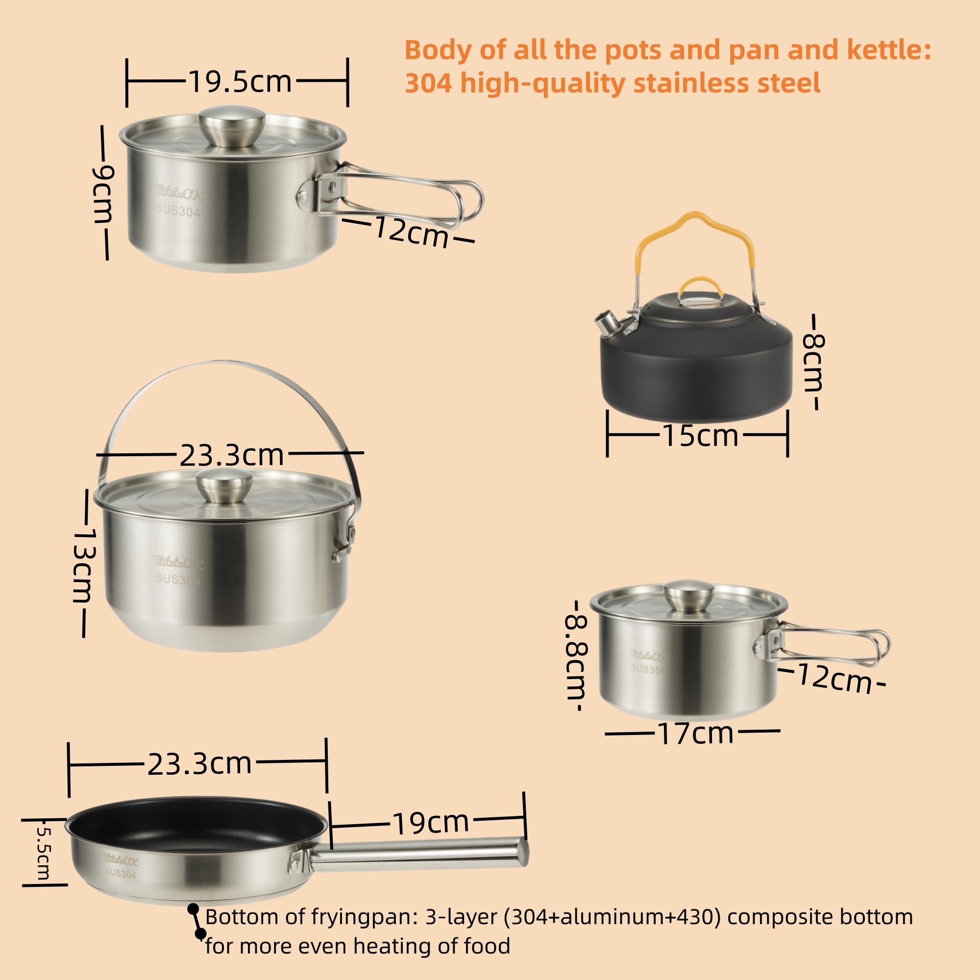 Camping Kochgeschirr Set 304 Edelstahl 10-teilige Töpfe Pfannen, Wasserkocher, Reise Mesh Tasche für Camping, Trekking, Garten Picknick, Backpacking Ausrüstung