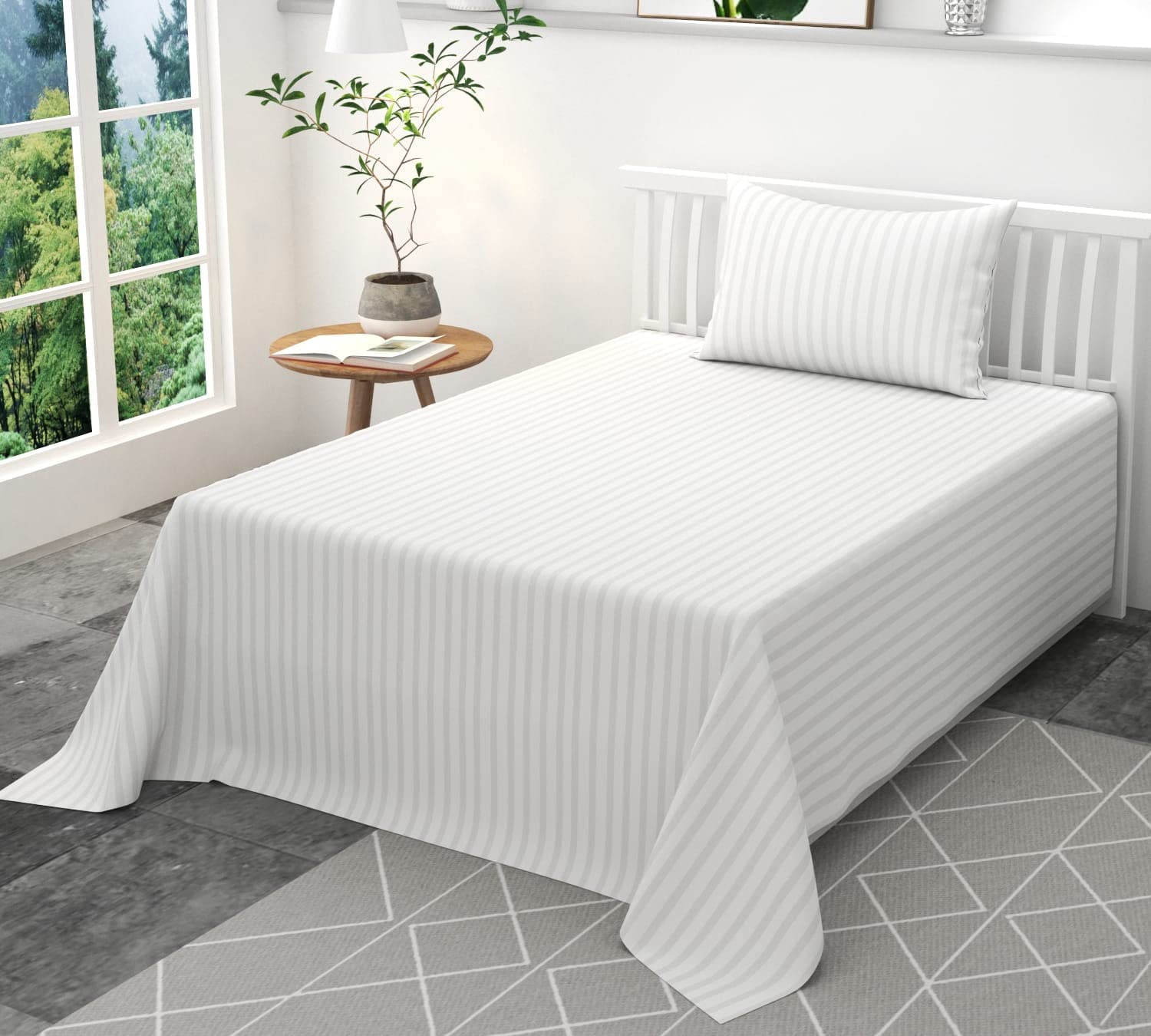 Sky Tex White Color 300 TC Satin Striped Single Size Comforter Set with Fitted Bed Sheet (1 Comforter, 1 Fitted Bed Sheet & 1 Pillow Covers)-image-24