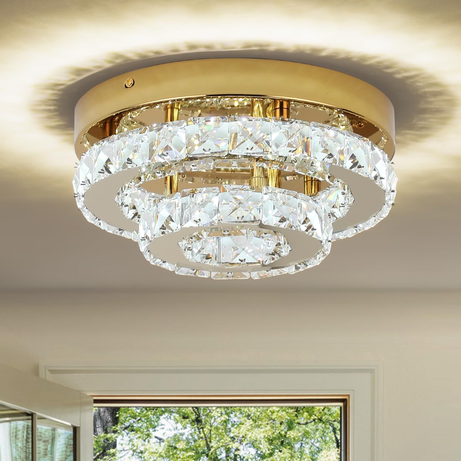 ECOBRT Modern Crystal Chandelier Gold Flush Mount Ceiling Light Surface ...