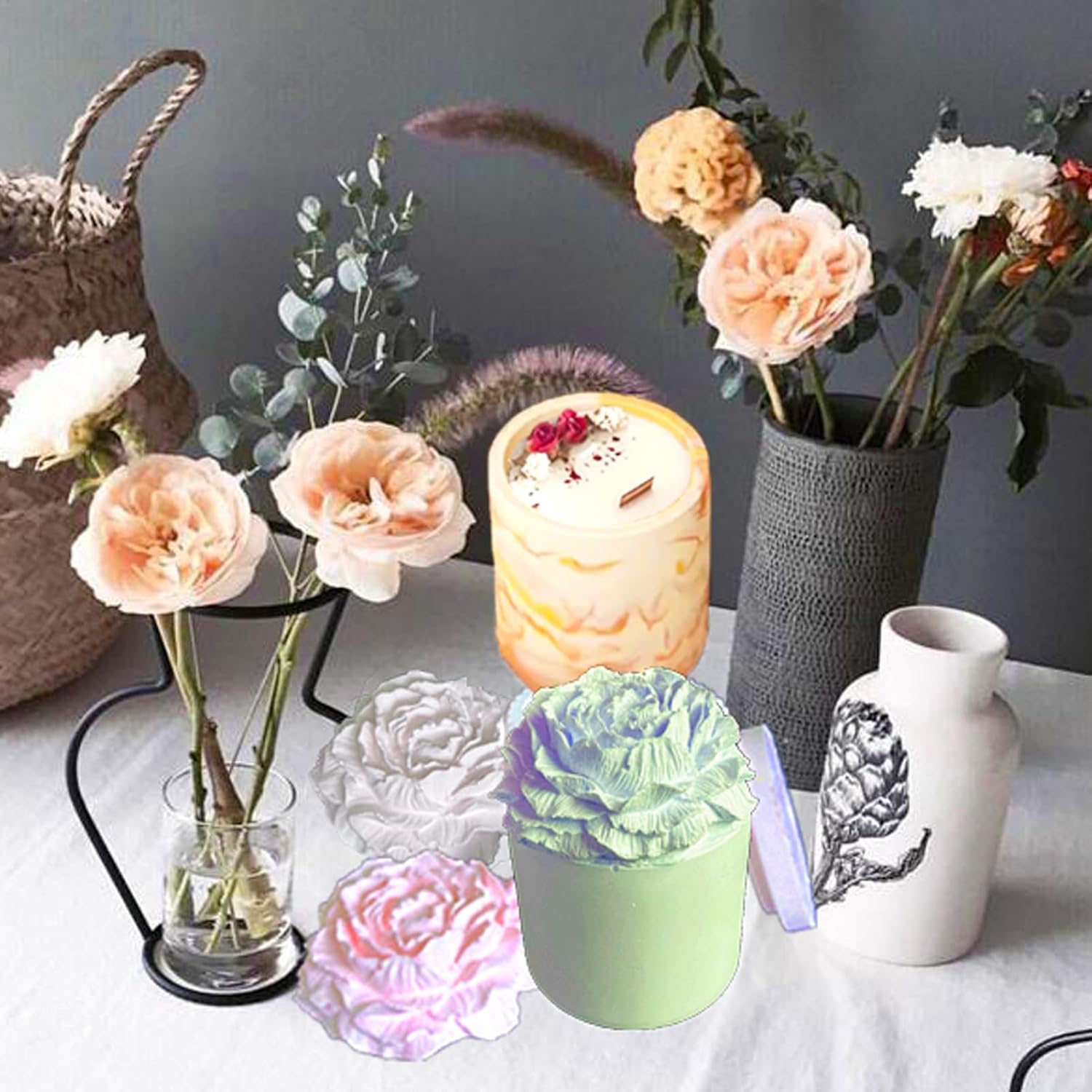 Peony Flower Silicone Candle Jar Mold with 2 Lids, DIY Concrete Candle Vessel for Candle Making, Home Decor & Storage Box
