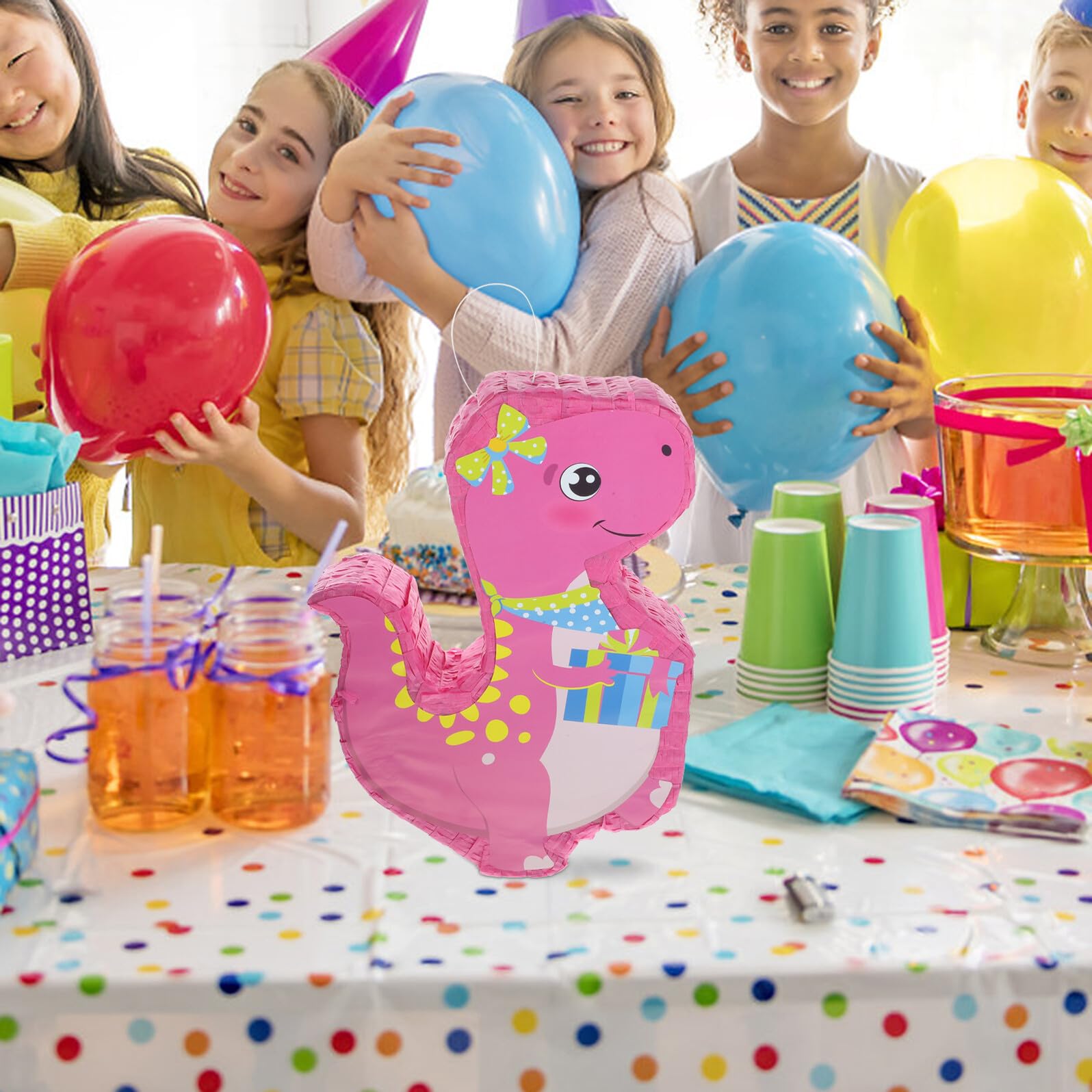 Rosa Dinosaurier Piñata aus Papier für Kindergeburtstag