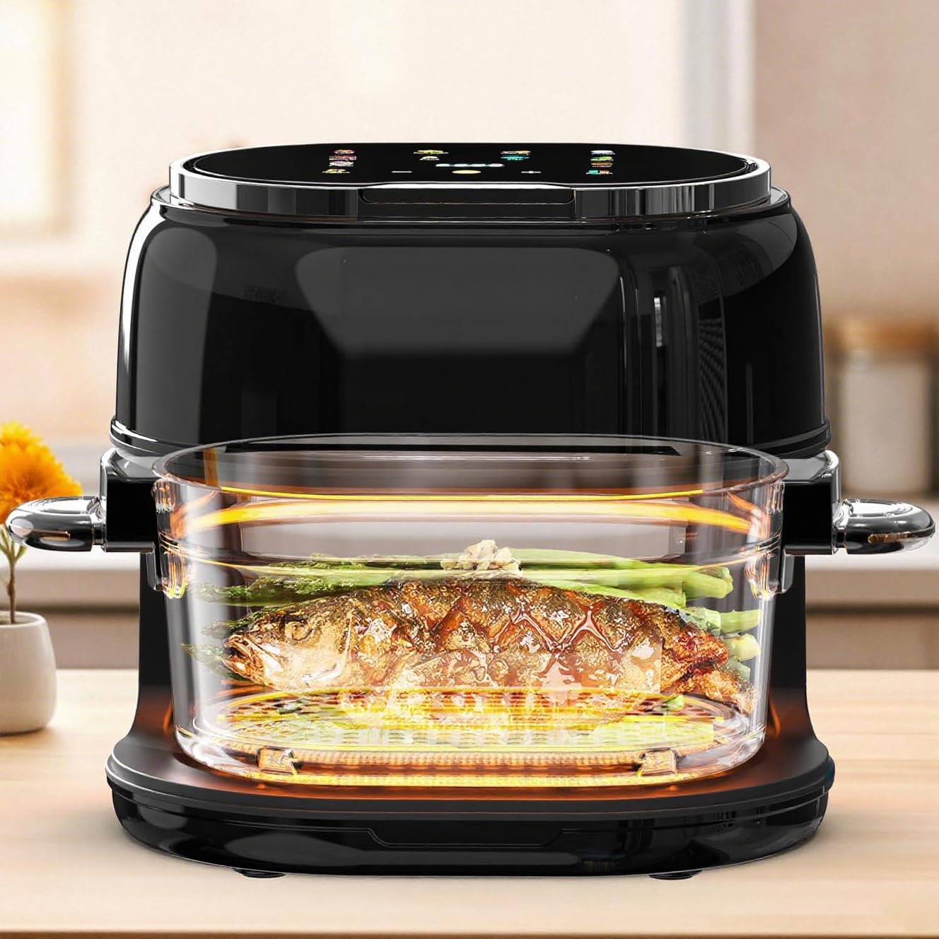 6.5QT Visible Glass Air Fryer, 8-in-1 Long Tray Design with 360° Viewing Window, Digital Touchscreen, Fries, Cake, Defrost, Chicken Wings, Dishwasher Safe, Oil-Less Oven