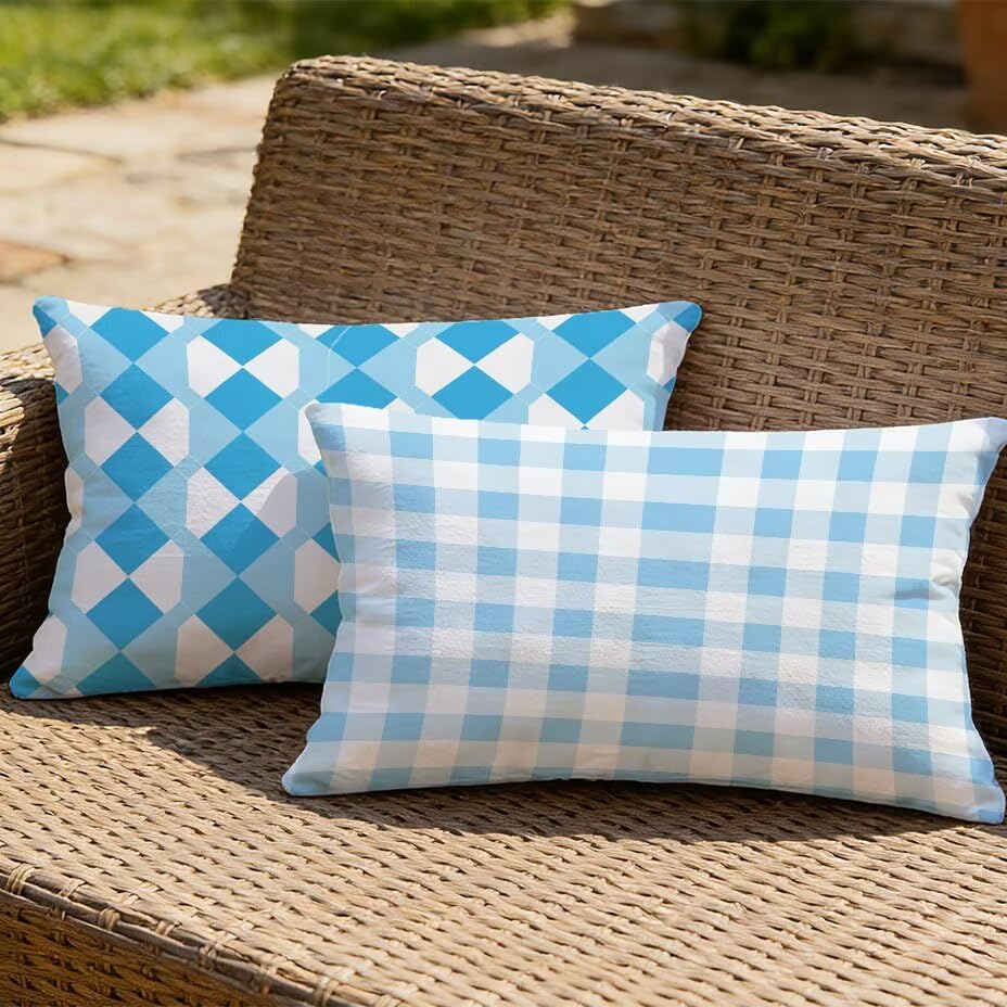 Housse de coussin extérieur texture lin haut de gamme bleu treillis 80x100