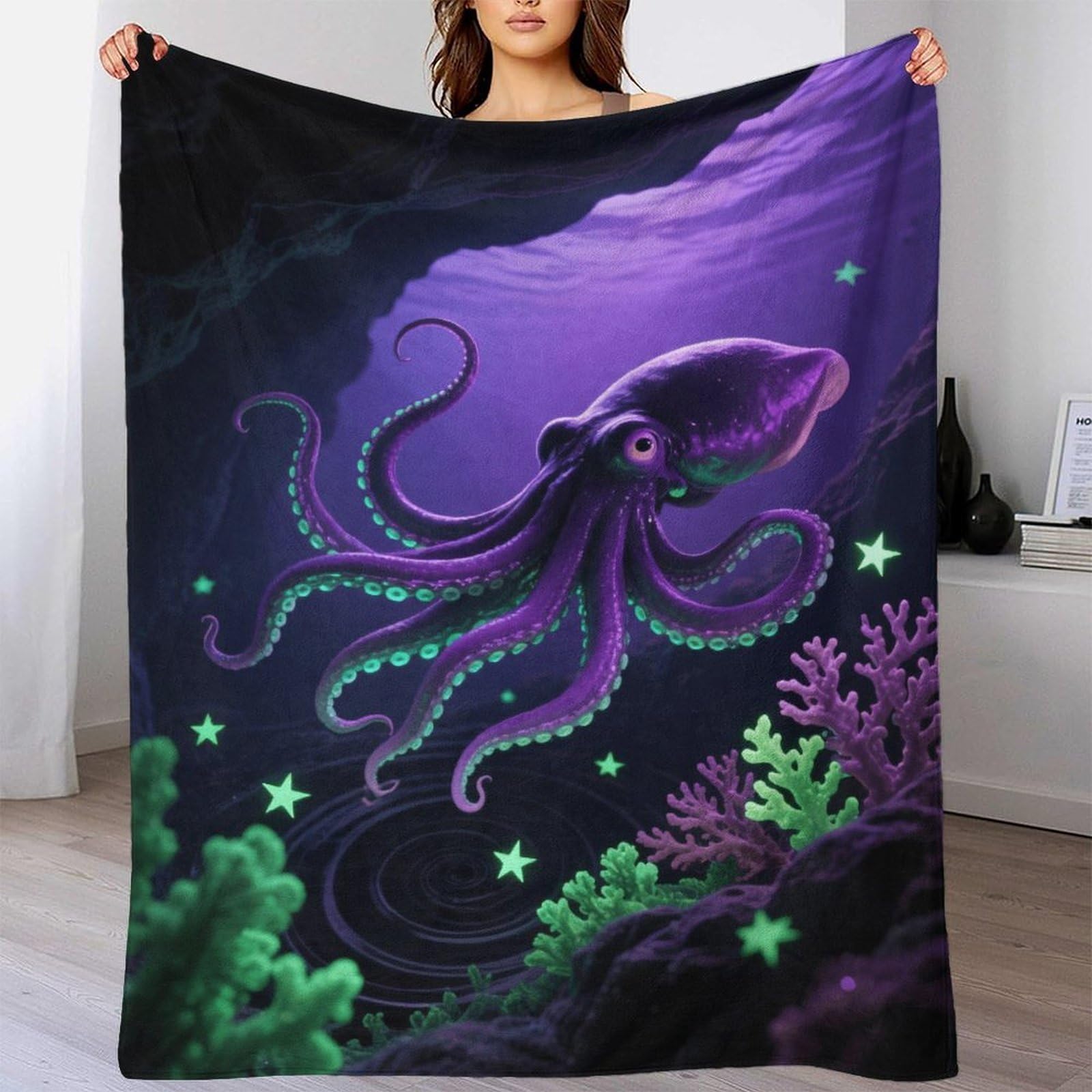 Emyxpaqm Style-6 Squid Fleece Throw Blanket For Couch Sofa Bed All Season Purple Squid Pattern Blanket Comfort Warmth Flannel Gifts For Couple Wife Husband 80X90inch(200X230cm)