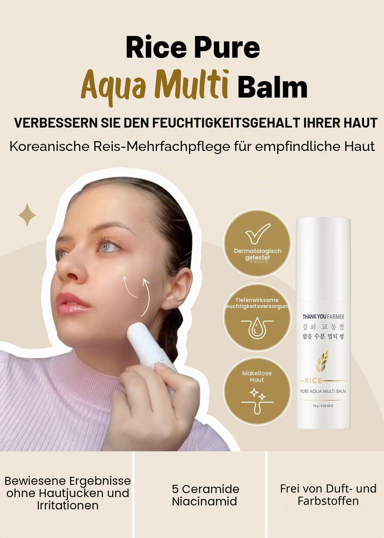 THANKYOU FARMER Rice Pure Aqua Multi Balm 10g, Koreanischer Multi Balm Stick mit Reisextrakt, Faltenpflege, Feuchtigkeit, beruhigend, duftfrei, für empfindliche Haut