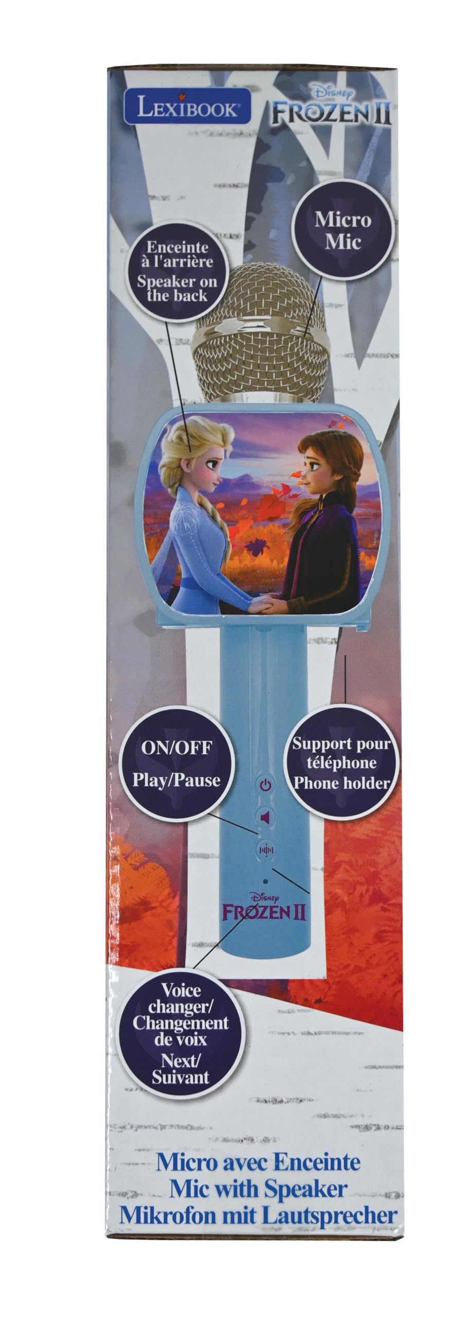 Lexibook Frozen 2 Elsa Anna Olaf Microfono Bluetooth® con Funzione commutatore vocale, Porta-Telefono Retrattile Incluso, Altoparlante Incorporato, Blu, MIC240FZLXB