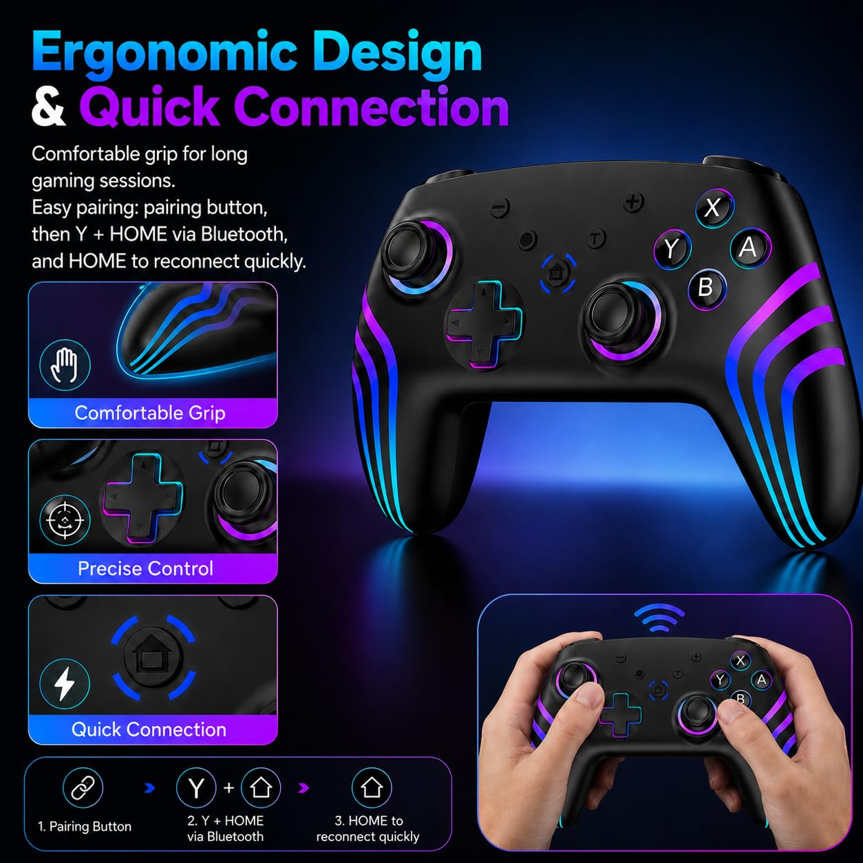 Controller für Switch 2 mit RGB Beleuchtung, Dual Vibration, 6 Achsen Gyroskop, Turbo, Ergonomisch Präzise Joystick