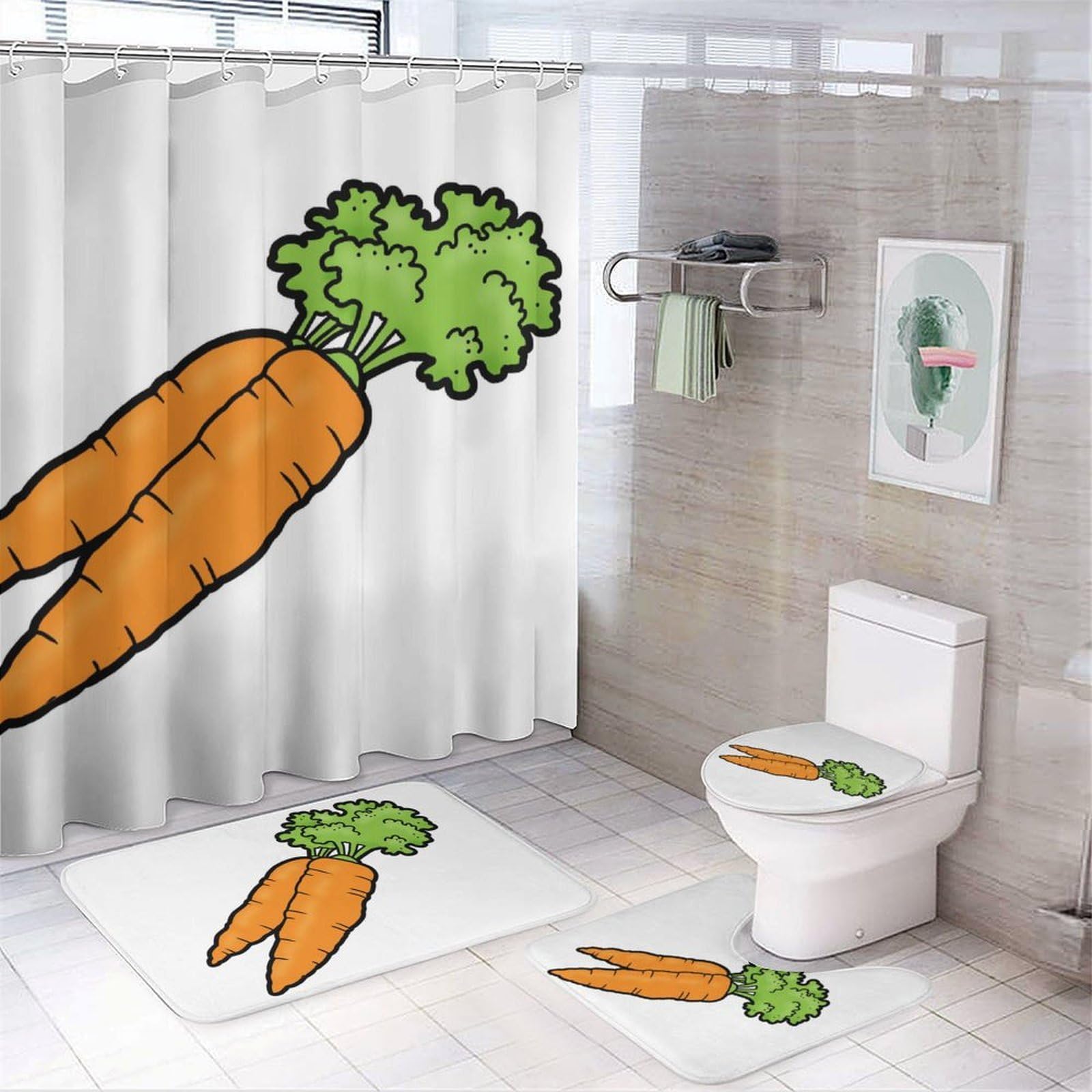 JZemdybill Bathroom Mat Set 4 Piece, Carrot Shower Curtain with Non-Slip Bath Mats for Bathroom