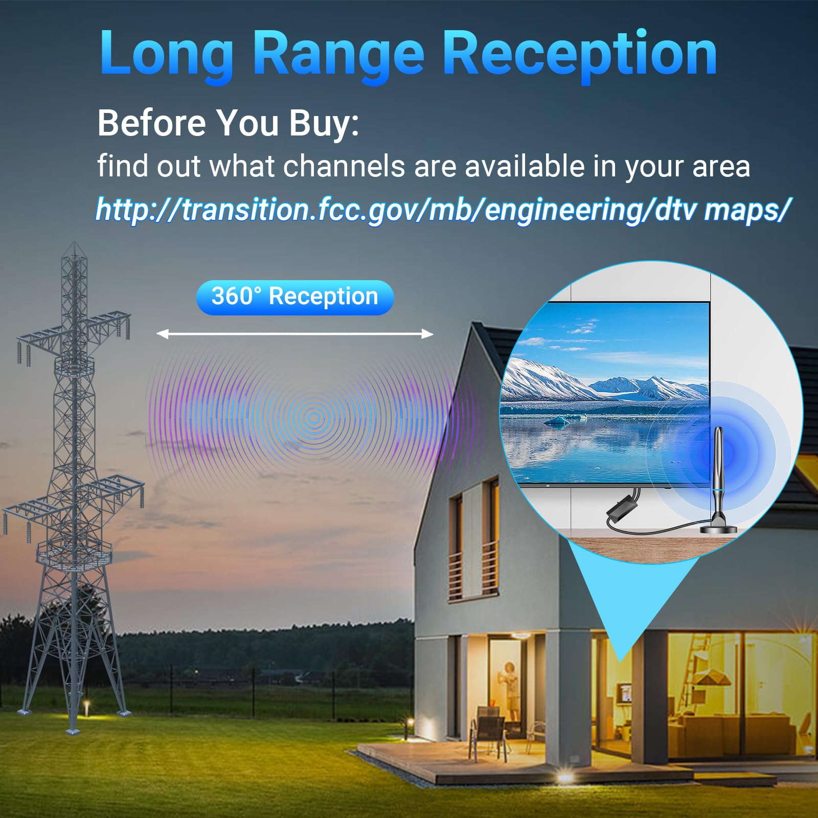 Antenna TV per interni, per canali locali con amplificatore di segnale, ricezione a lungo raggio di oltre 50 km, antenna Freeview per Smart TV, supporta 4K 1080p HD per tutti i televisori, cavo da 3 m