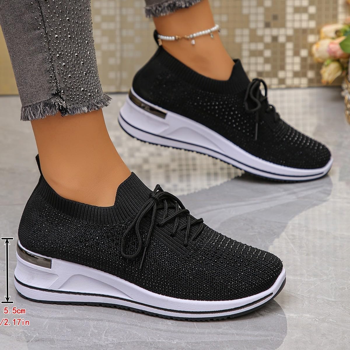 Scarpe da ginnastica da donna con zeppa e strass, alla moda, traspiranti, con strass, senza lacci, ortopediche, zeppa, scarpe da ginnastica scintillanti