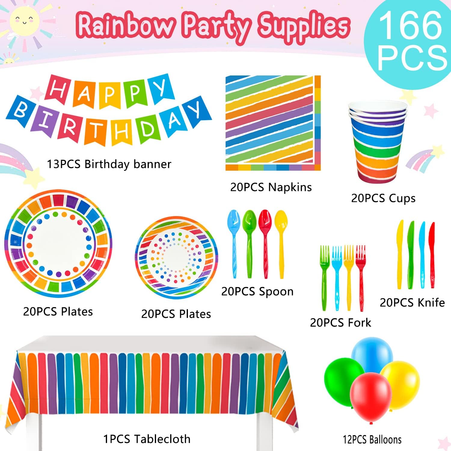 166pcs Rainbow Party Supplies, 16 Guests Rainbow Party Decorations Tableware Set, Rainbow Party Plates Napkins Cups Rainbow Birthday Decorations Balloons Banner etc