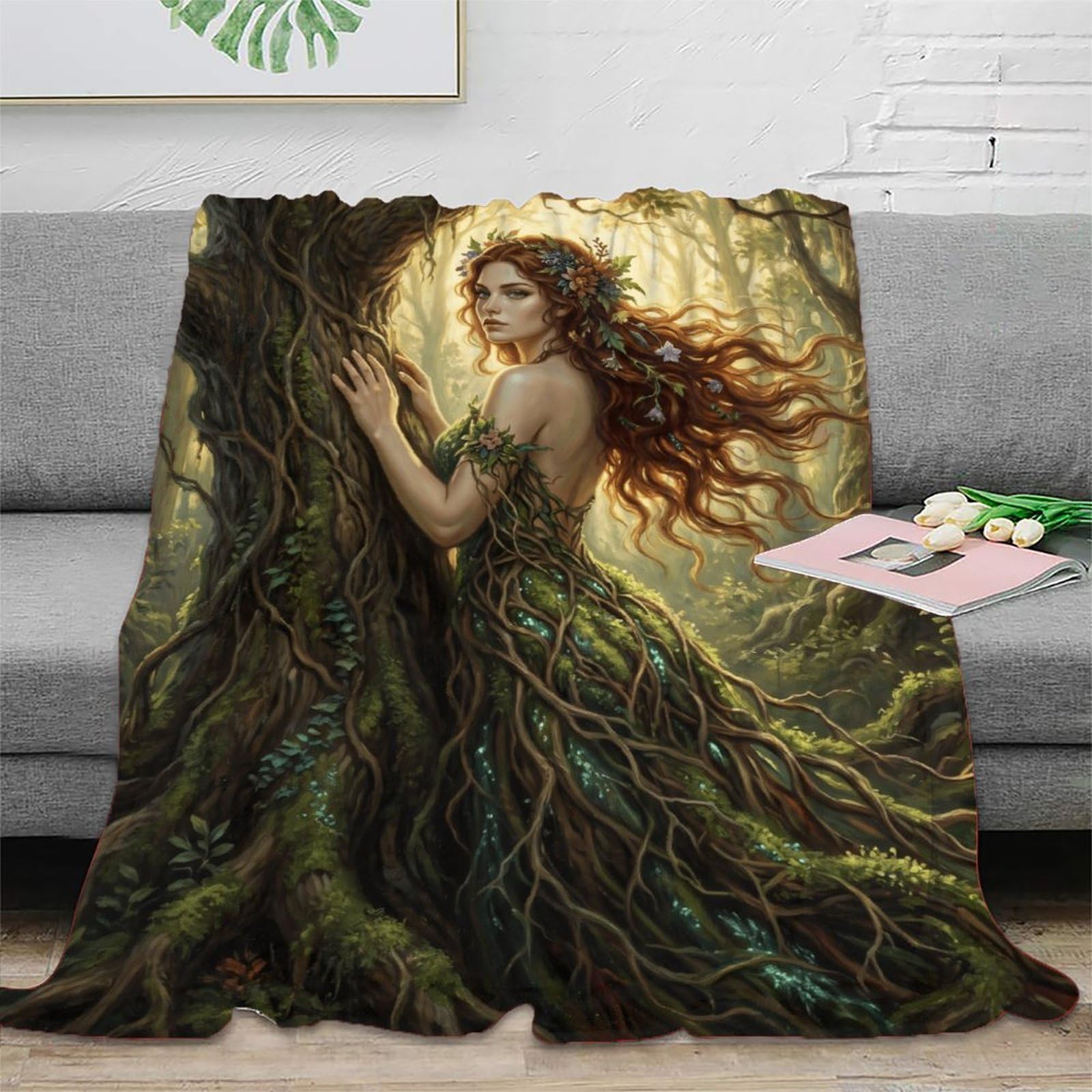 W7C8U2X3 Forest Goddess Tree Spirit Blanket, Flannel, TV, Fantasy Woman Art