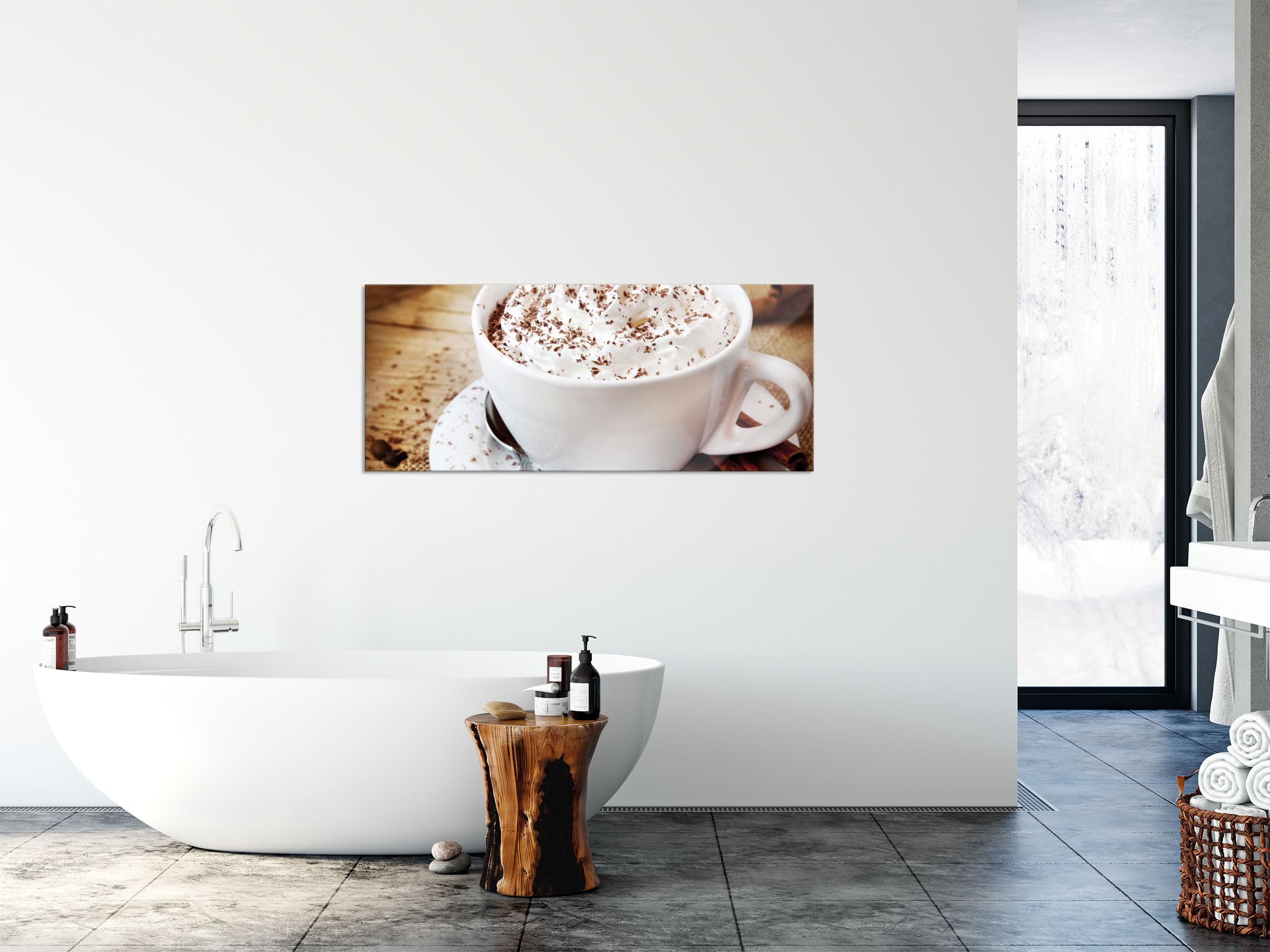 Pixxprint Glasbild Panorama, Wandbild aus Echtglas, Frischer Kaffee mit Schokostreusel, 120x50 cm, inkl. Aufhängung und Abstandshalter
