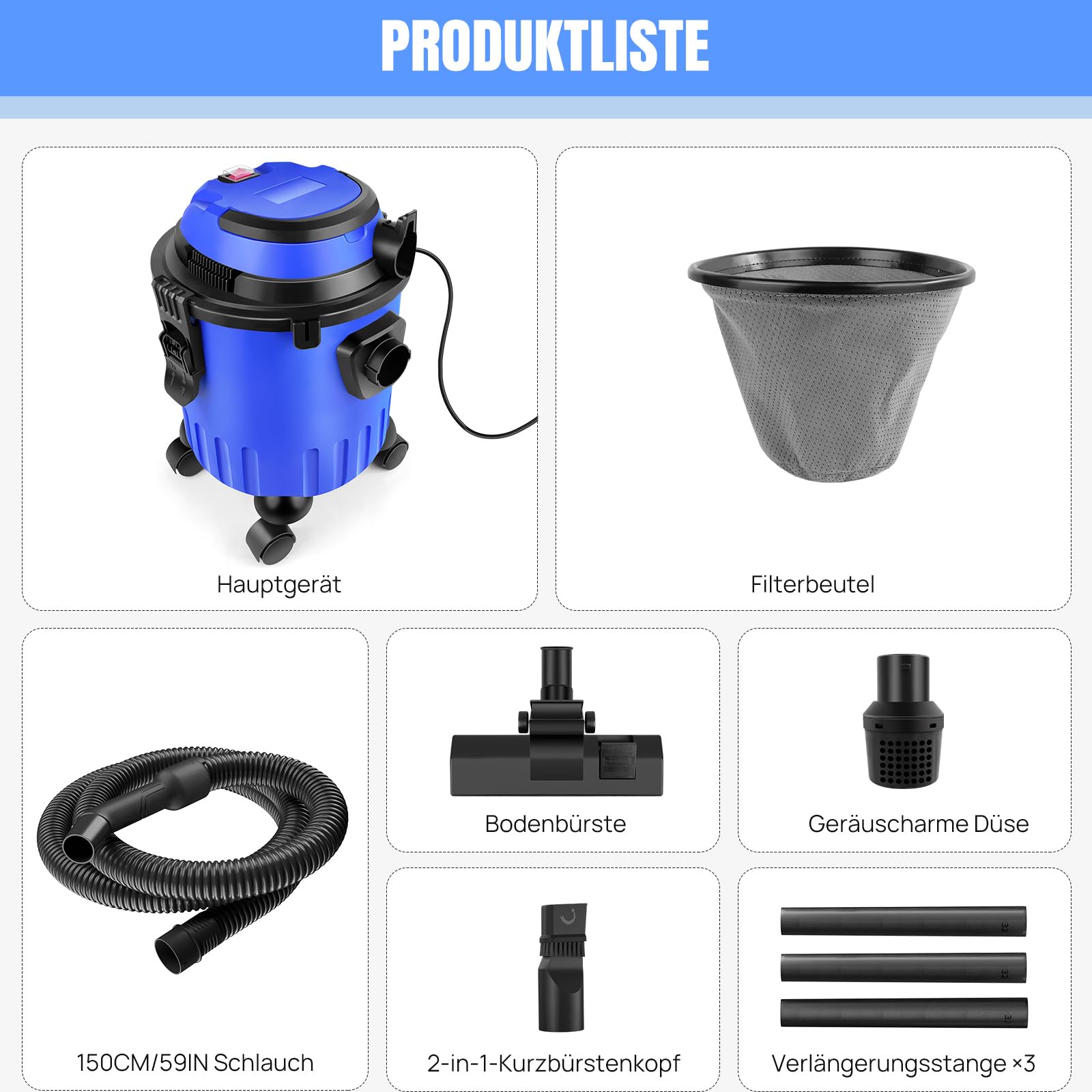 3 in 1, aspirapolvere a secco e a umido, 1200 W, 15 l, multiuso, con funzione di soffiaggio, per fai da te, auto, garage, officina e casa