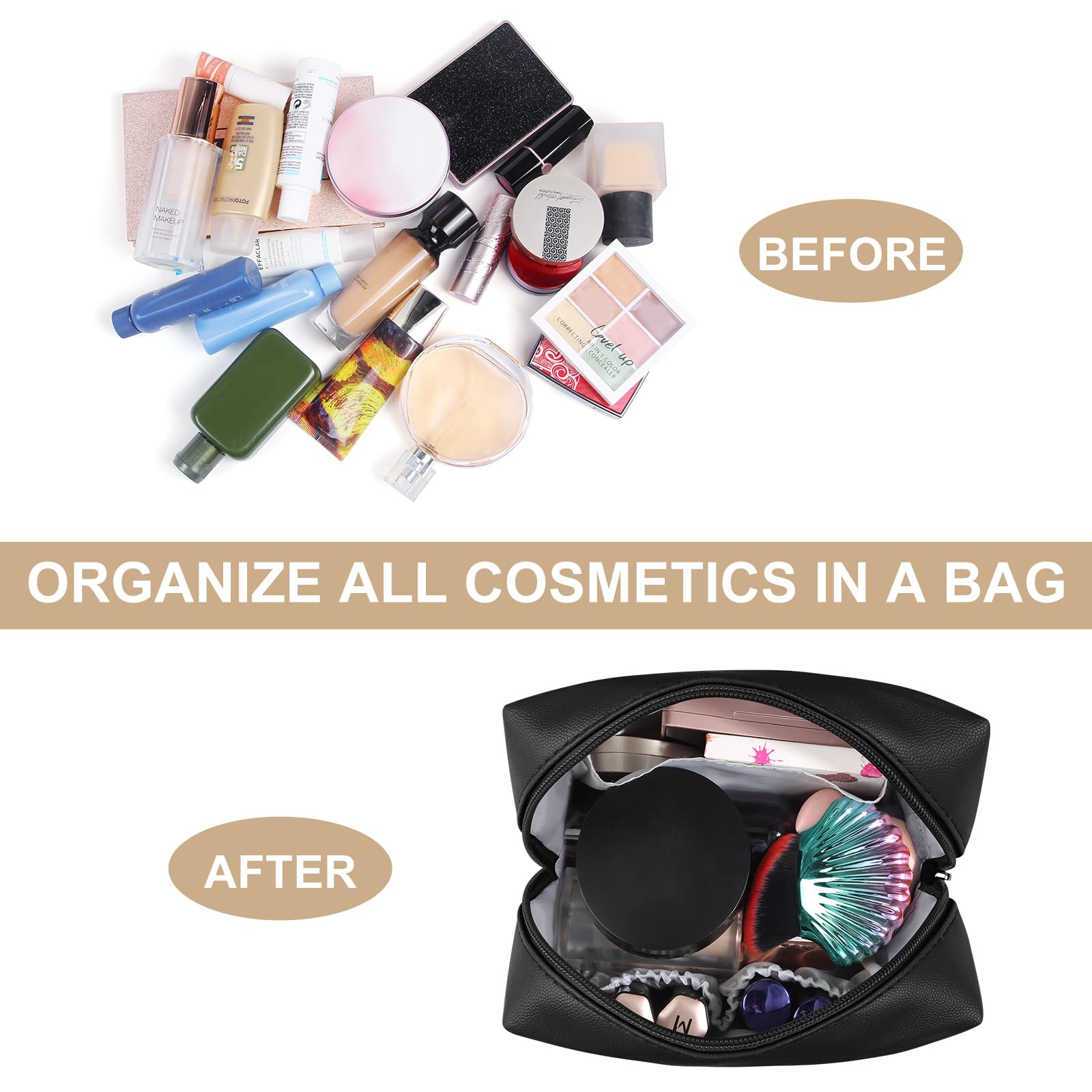 MAANGE Small Makeup Bag For Purse, Travel Cosmetic Bag Makeup Pouch PU Leather Portable Versatile Zipper Pouch For Women (Black)