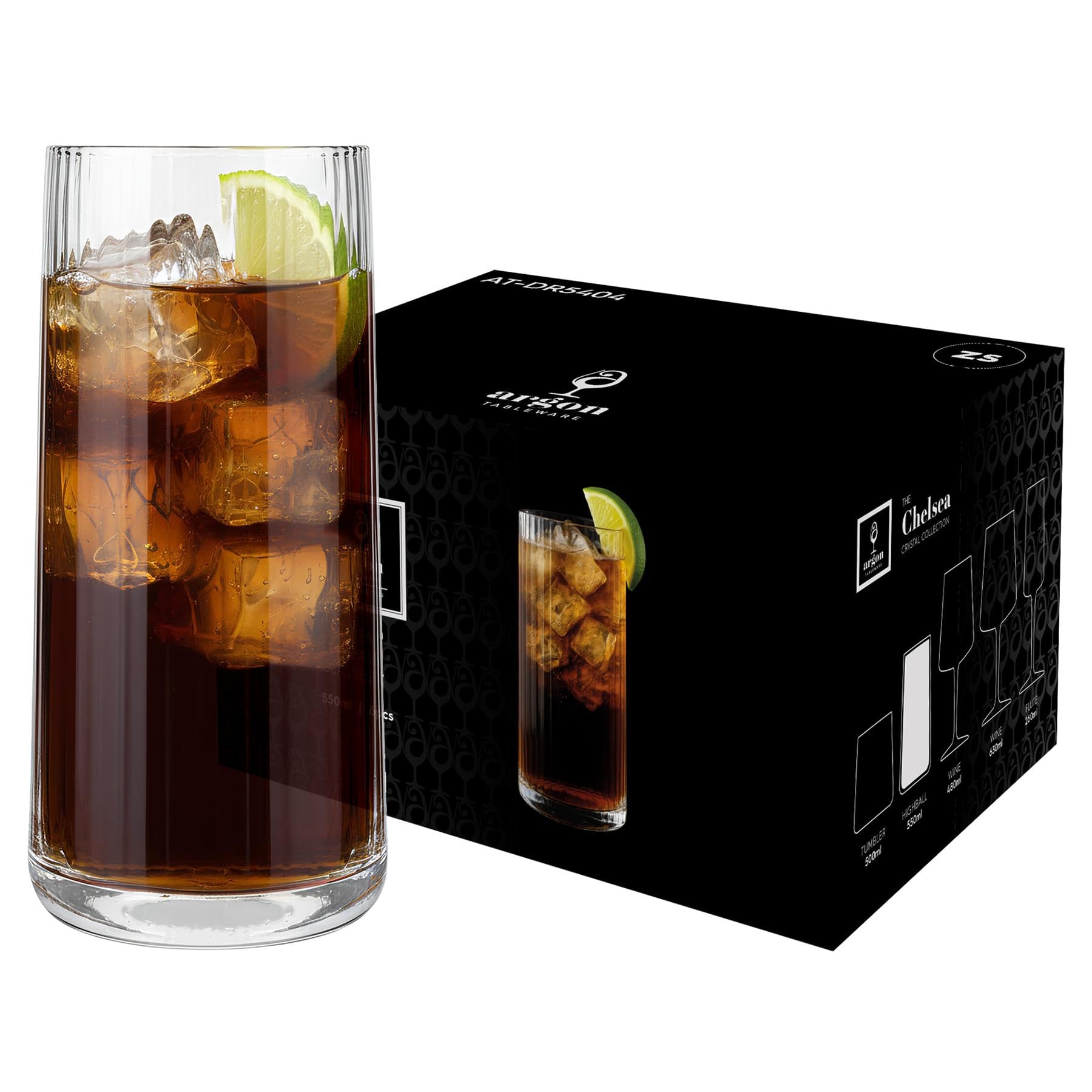 Argon Tableware Chelsea Optic Crystal Highball Glasses 550ml - Pack of 48, Lead-Free Crystal Tall Drinking Glass Set, Art Deco Design, Thick Weighted Base, Gift Boxed Glassware