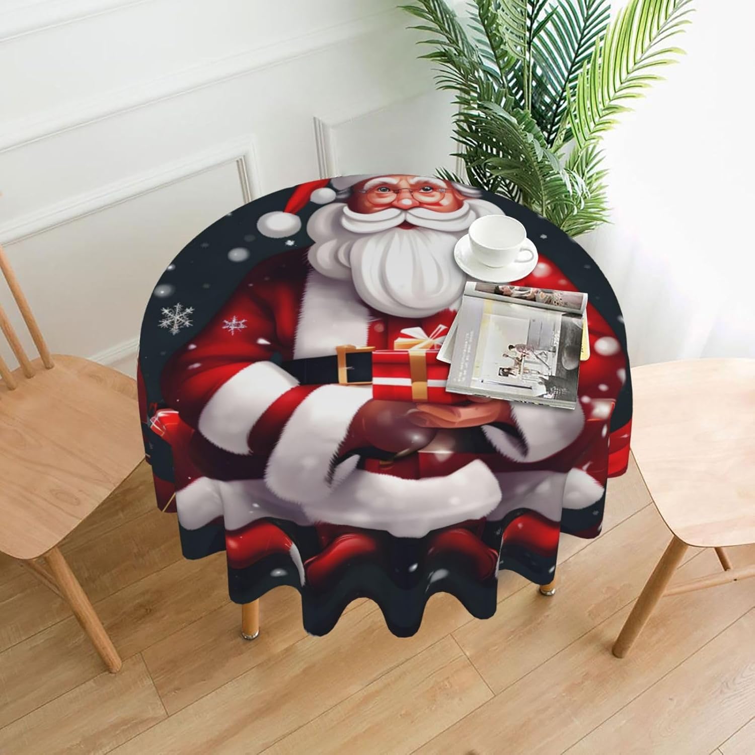 Christmas Santa Clauss Print Wrinkle Free Dining Table Cover for Birthday Party Farmhouse Tablecloths Up to 60 x 60 Inches