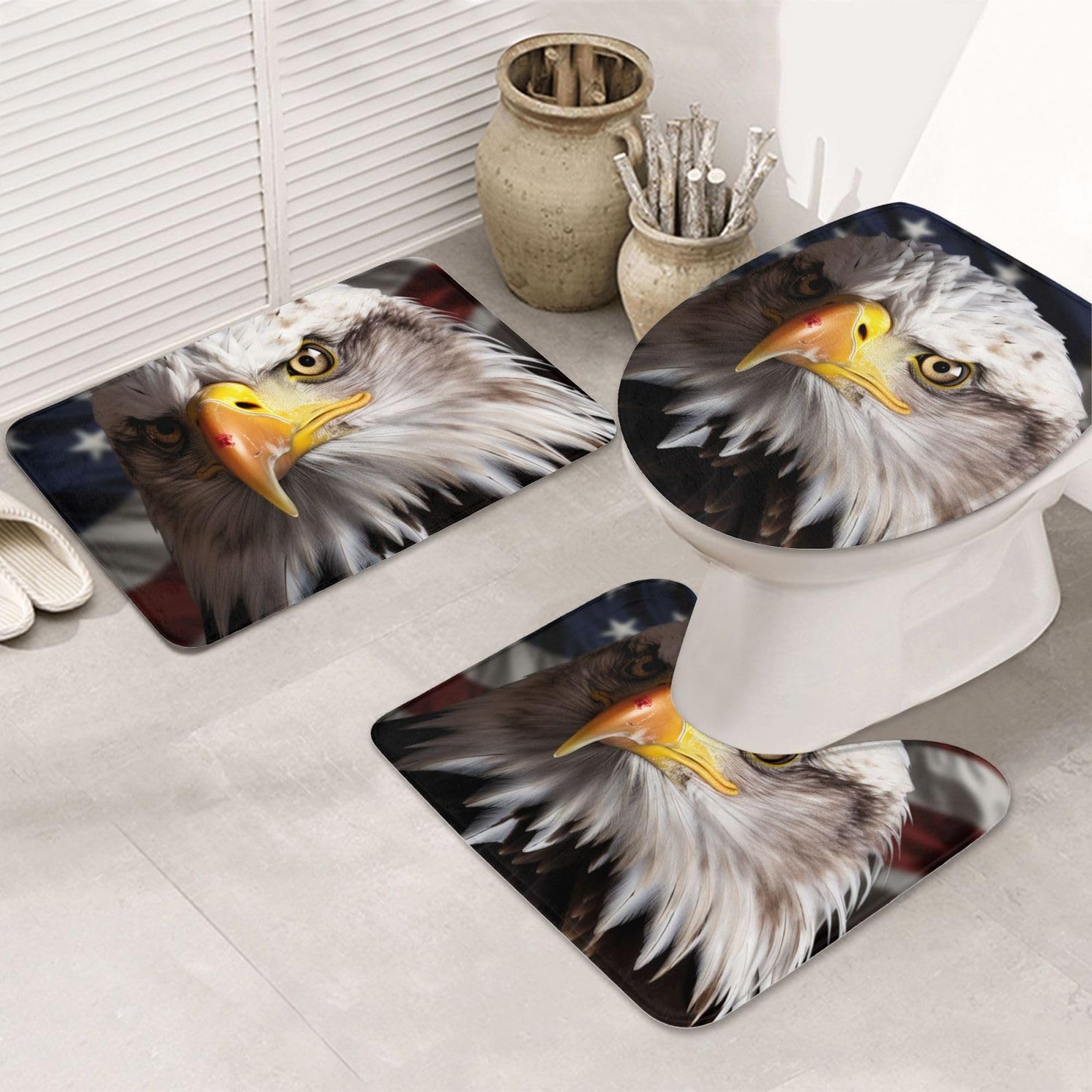 Lot de 3 tapis de bain avec motif drapeau américain absorbant et ensemble contour wc