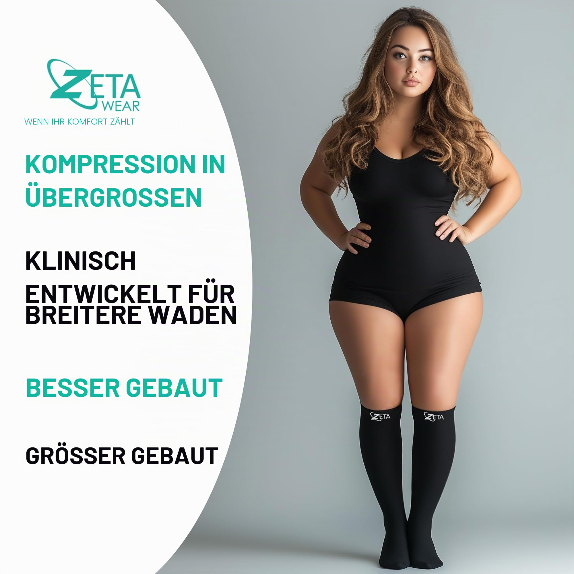 Zeta Wear Kompressionsstrümpfe dicke Waden, Wadenhülle, beruhigende bequeme Gradientenunterstützung, verhindert Schwellungen, Schmerzen, Ödeme, DVT, große Manschetten (3XL, Schwarz)