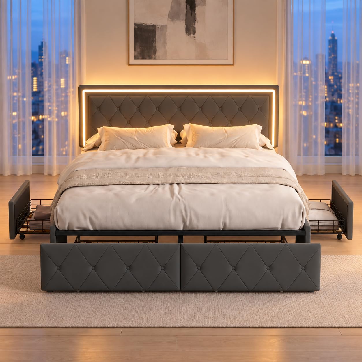 BRILVERDE Letto Imbottito 140x200 con Contenitore, Letto Matrimoniale con USB, con 4 cassetti, con testiera, Struttura Letto con Rete a doghe, PU (Grigio, 140 x 200 cm)