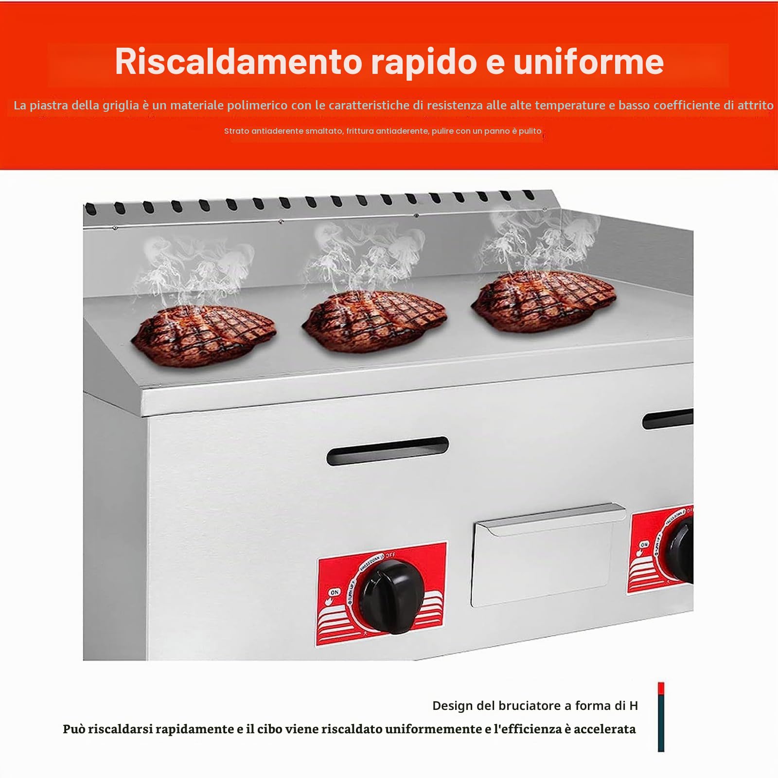 Piastra da banco commerciale in acciaio inox a gas per cucinare barbecue, piastra piatta a riscaldamento rapido a doppio controllo per bistecche, uova, frittelle