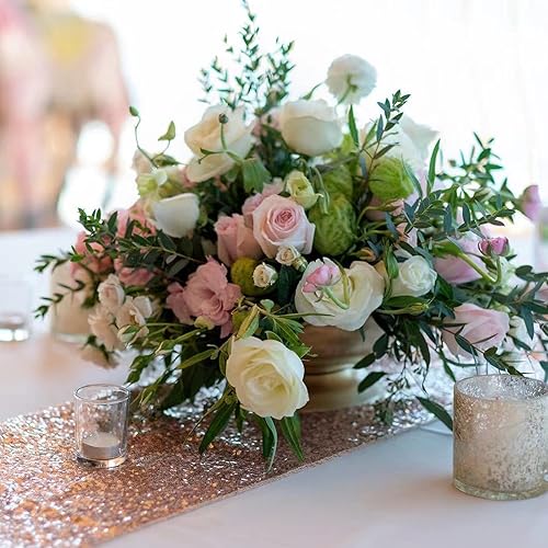 Miniatura 7 de Paquete de 2 caminos de mesa de lentejuelas color oro rosa de 12 x 108 pulgadas, camino de mesa de oro rosa con purpurina para regalo para fiestas,