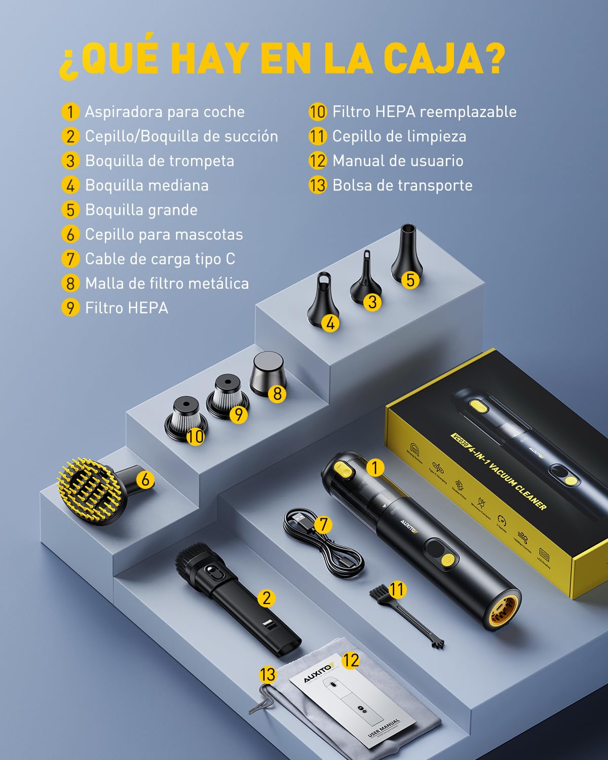AUXITO Aspirador de Mano - Aspirador Coche de 24000 Pa, Autonomía de 30 Minutos,4 en 1, Recargable, Portátil y Ligero, Mini Aspiradora Potente para Coche, Hogar, Oficina y Pelo de Mascotas(Prieto) | Aspirador de coche inalámbrico, carga USB-C, aspiradora