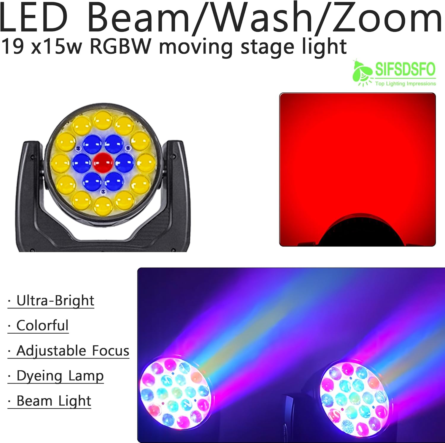 LED Moving Head DJ Light 19x15W RGBW 4in1 Beam/Wash/Zoom Effect Stage Lights Professional DMX512 & Sound Activated Control for Music Party Disco Wedding strobe light