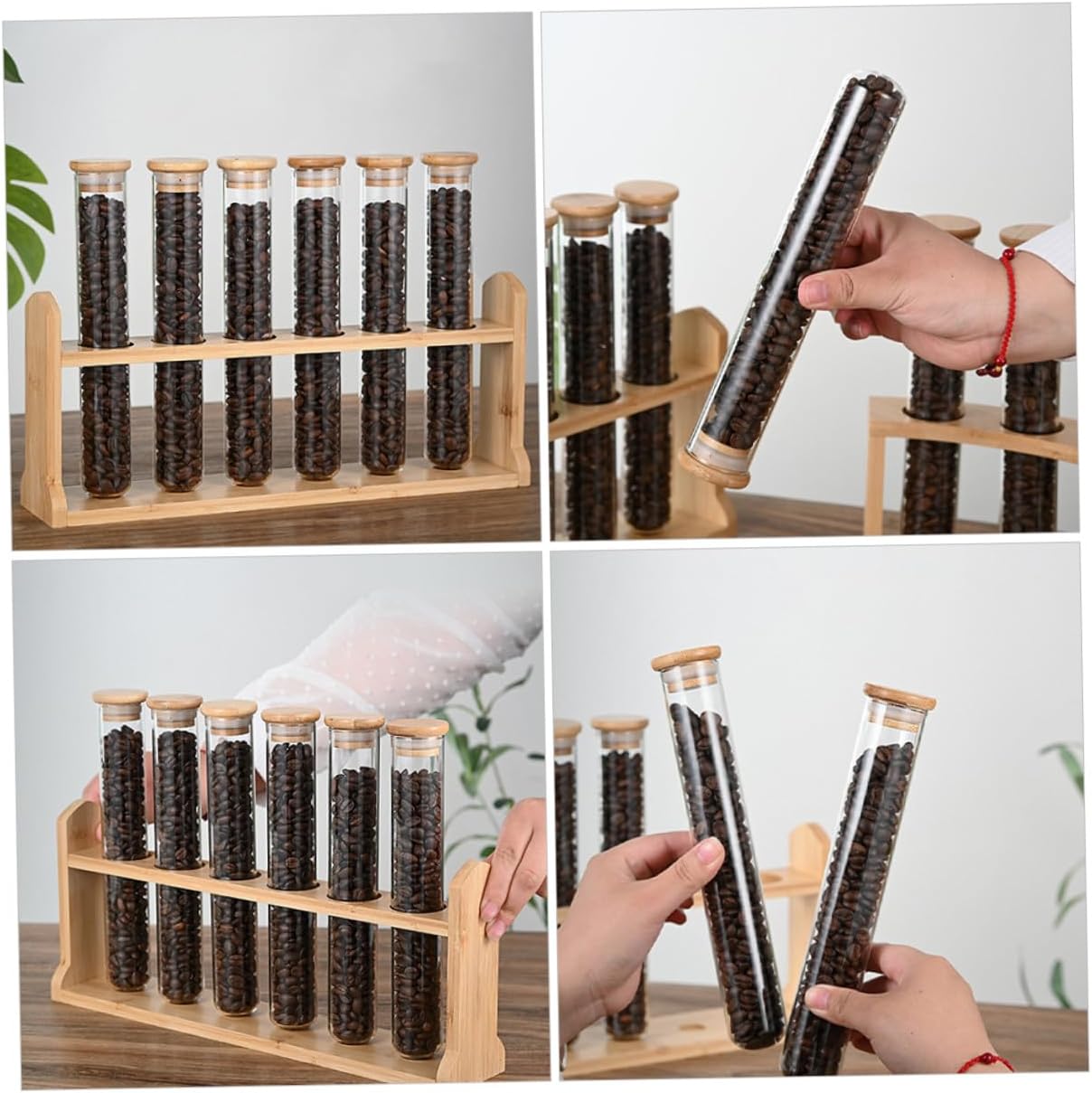 Clear Glass Coffee Bean Storage Tubes with Wooden Display Stand Compact Sealed Glass Tubes for Coffee Lovers Multifunctional Space Organizer Easy to Assemble
