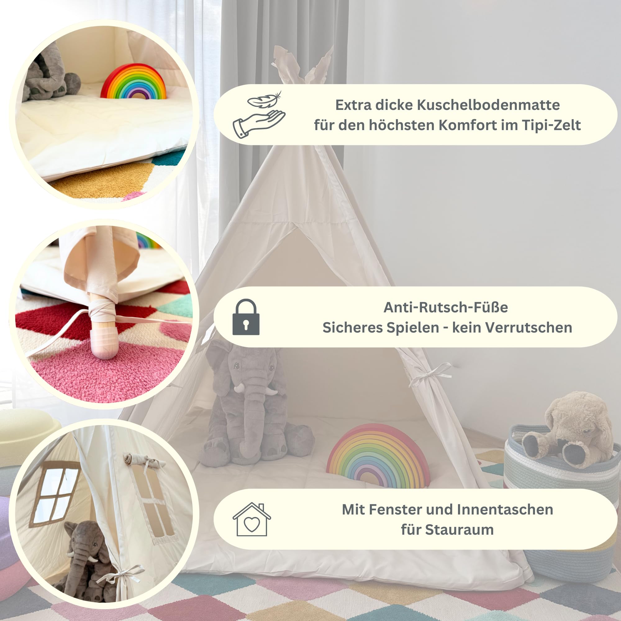 Tipi Zelt für Kinder (Sandburgen Beige) – Spielzelt aus Silky Cotton & Holz inkl. Kuschelmatte, Tragetasche & SafeCuddle Stabilisator | Tippi Kinderzelt Indoor für das Kinderzimmer