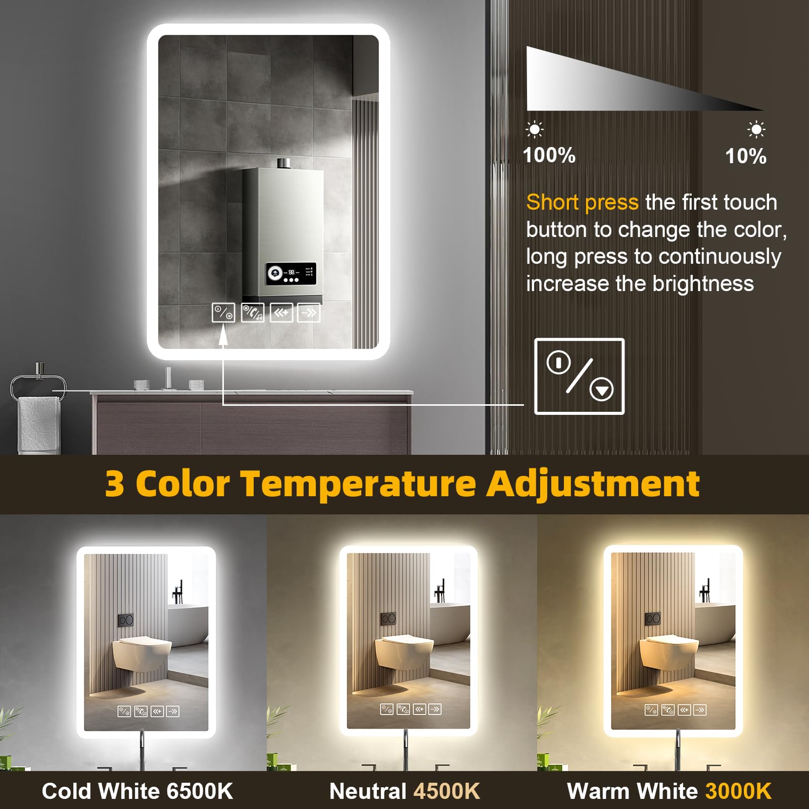 Bluetooth Specchio Bagno con Luce 50 x 70 cm,Specchio Bagno LED con Antiappannamento,Specchiera da Bagn𝐨 c𝐨n Dimmerabile,3 Colori Luce,Interruttore Touch,Funzione Memoria