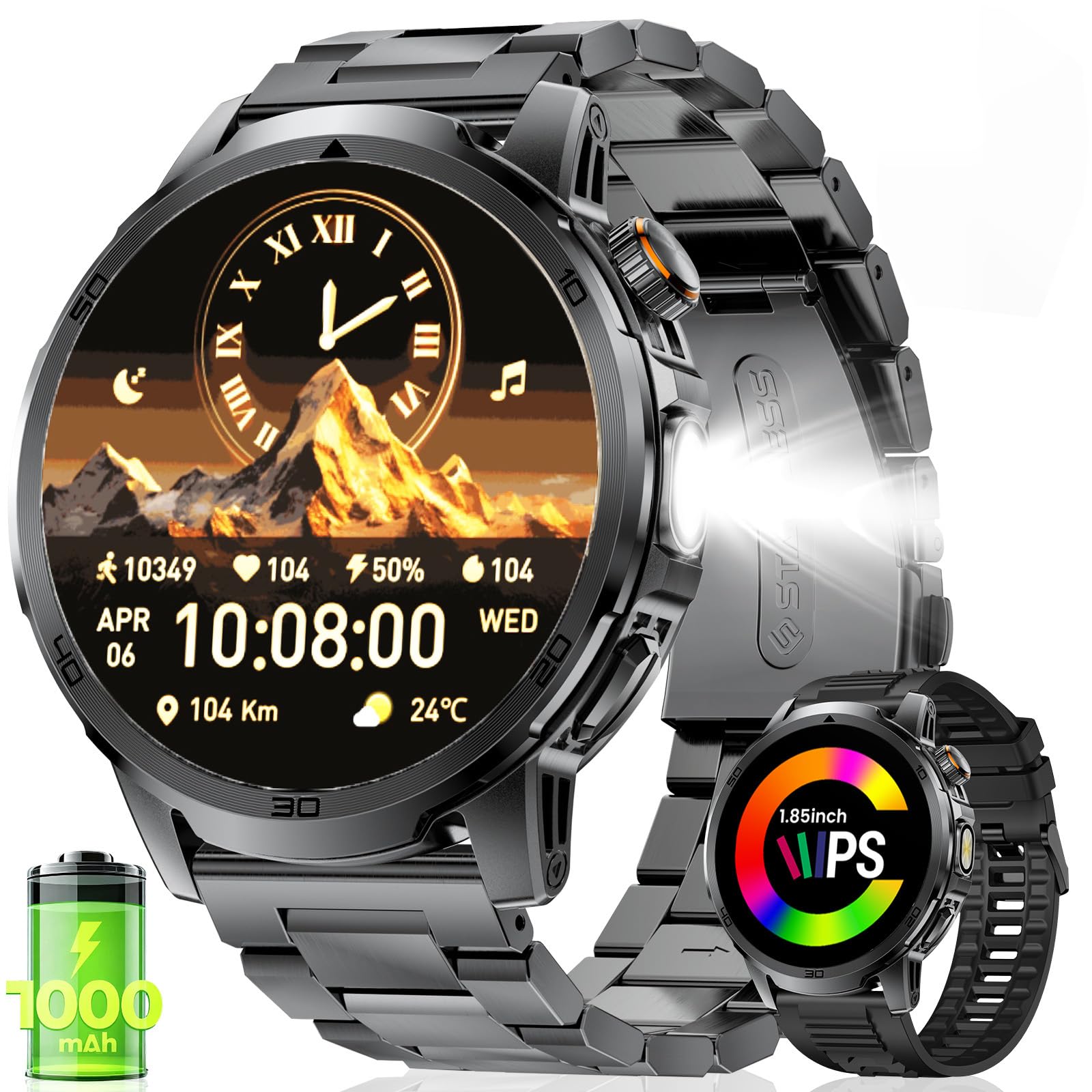 FEELNEVER Montre Connectée Homme avec 1000mAh/1,85'' HD Grand Écran/LED Lampe,Smartwatch Homme avec Moniteur de Fréquence Cardiaque et Sommeil/110+ Modes Sportifs,IP68 Étanche Android iOS, Noir