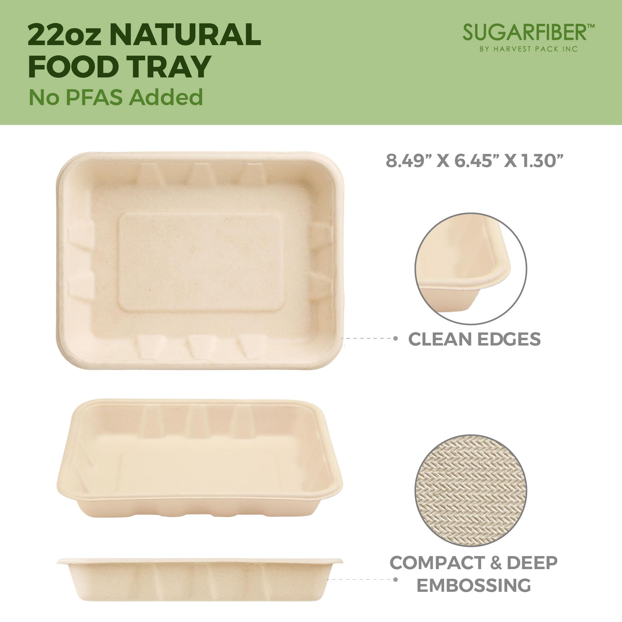 HARVEST PACK - Bandejas desechables compostables para servir alimentos, rectangulares, hechas de fibras vegetales 100% ecológicas [100 unidades]