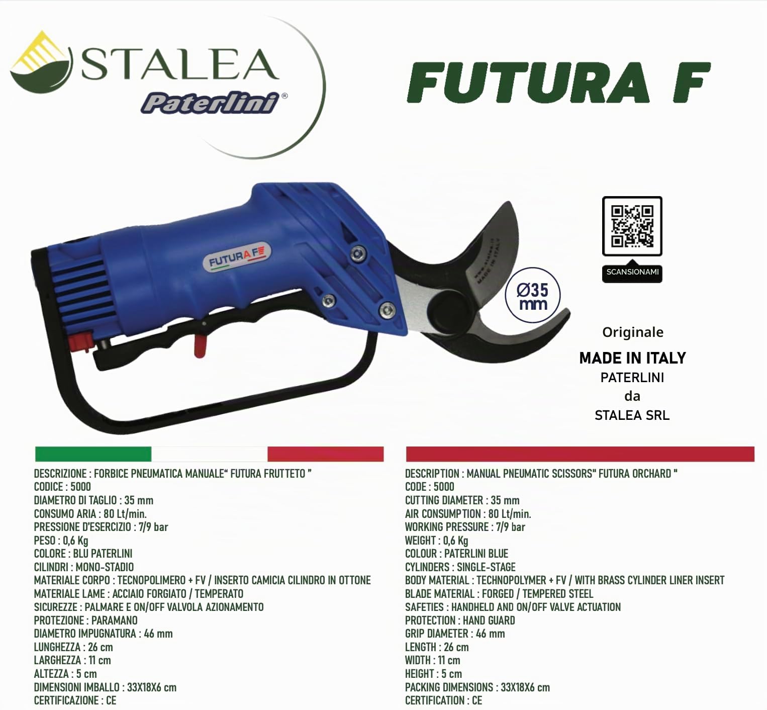 PATERLINI Forbici Potatura Pneumatica, Potatura ad Aria Compressa - Forbice Pnuematica - Cesoie Pneaumtiche per Potatura Facile e Taglio Rami senza fatica - Cesoie Giardinaggio (Futura F)