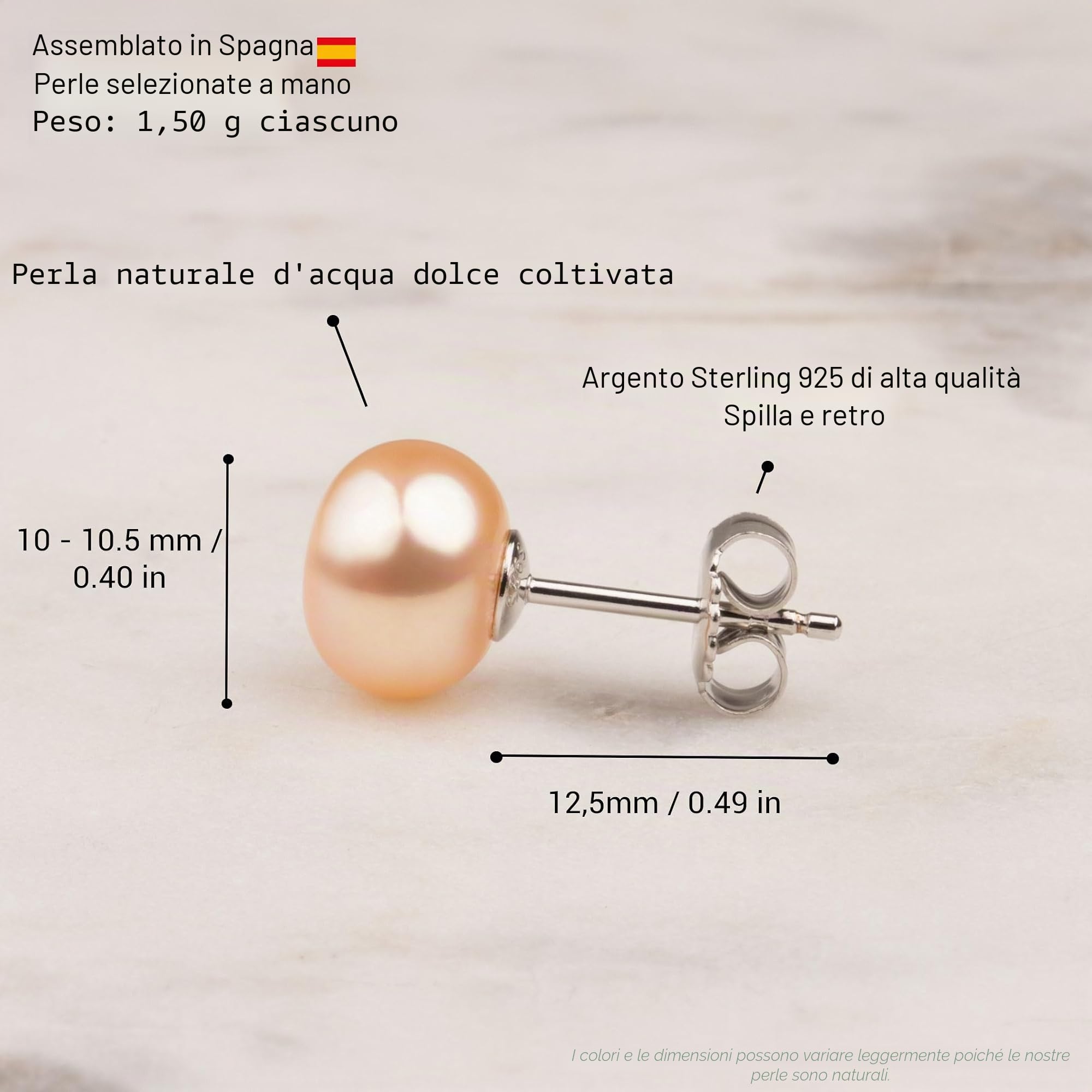 Orecchini da donna di perle bottone coltivate d'acqua dolce in colore arancio pesca SECRET & YOU - Argento sterling 925 - Disponibile in 4 misure da 8 mm a 11 mm
