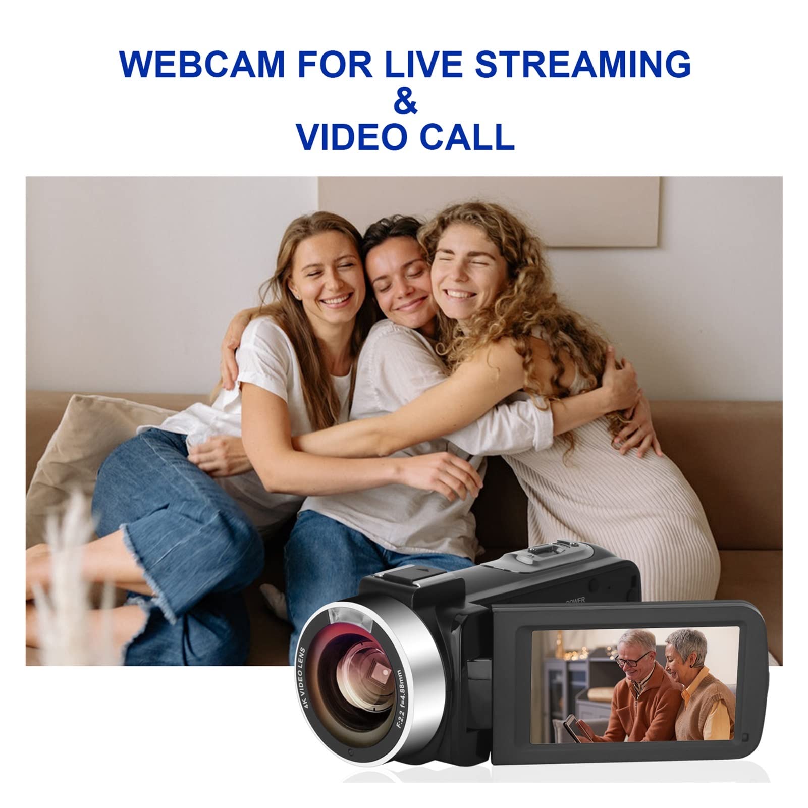 Cámara de Video, Cámara de vlogging de videocámara for la grabación de vlog HD 56MP 3.0 Pulgada WiFi IR Cámaras de grabadora Anti-Shake de visión Nocturna(128G SD Card,Bianco)