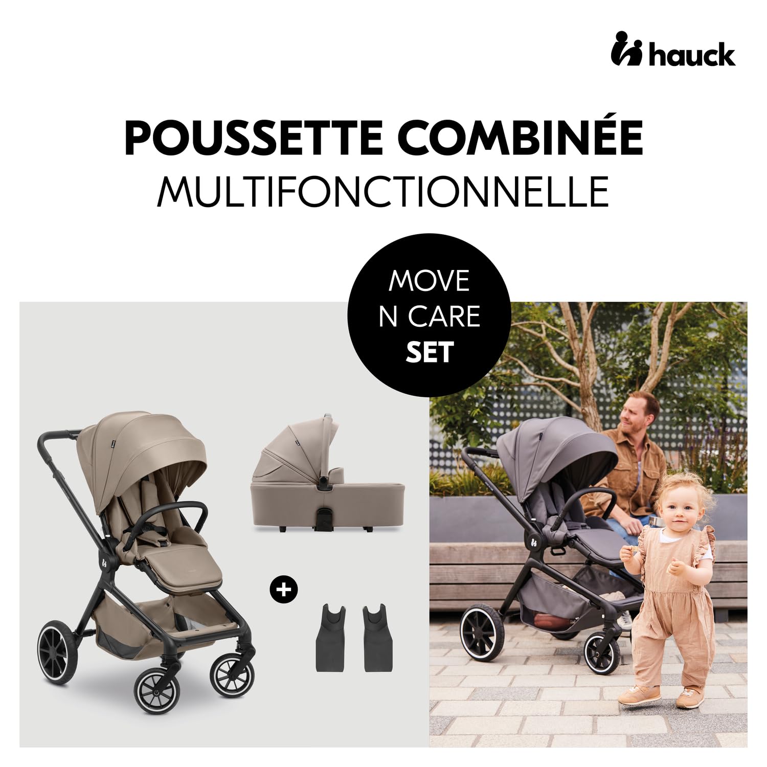 hauck Poussette 2 en 1 Move N Care avec Nacelle Bébé, dès la Naissance jusqu'à 22 kg, Siège Réversible, Inclinable, Roues Caoutchouc, Suspension, Protection UV 50+, Pliable, Marron Clair Moka