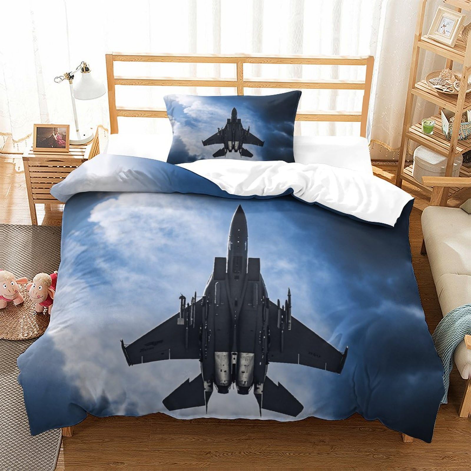 XiaopangXY Su35 Fighter Jet Luxe Bedding Set Hidden Zipper Aircraft Duvet Cover Set with Pillowcases Quilt Cover SetSoft Microfiber Comforter Cover for Kids Adults Single（135x200cm）