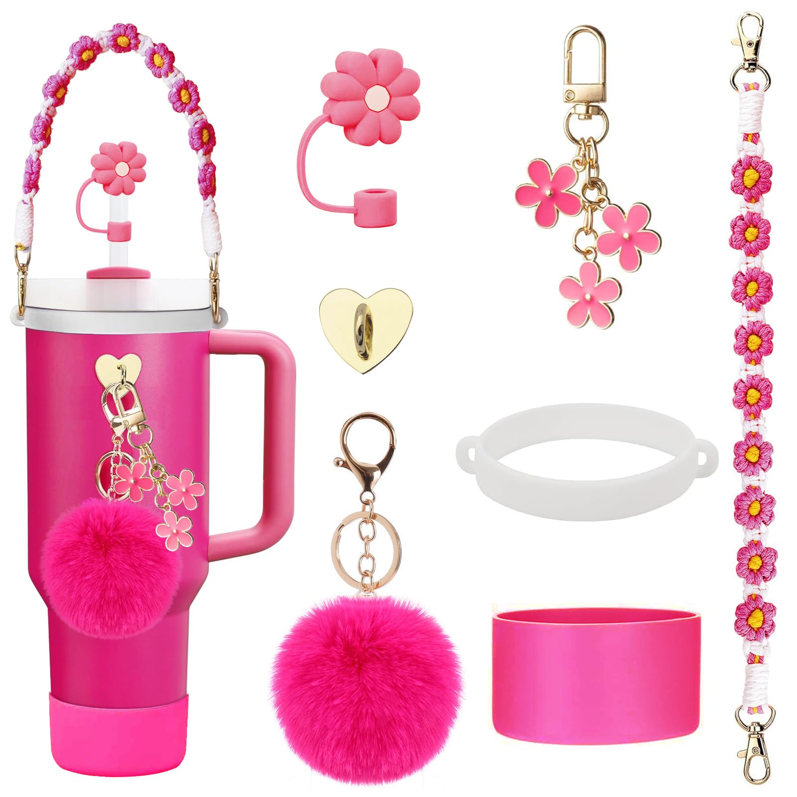 Freewindo Tumbler Accessories Compatible with Stanley Cup, 7pcs Cup Accessories Set Including Water Bottle Handle Strap, Silicone Cup Boot, Straw