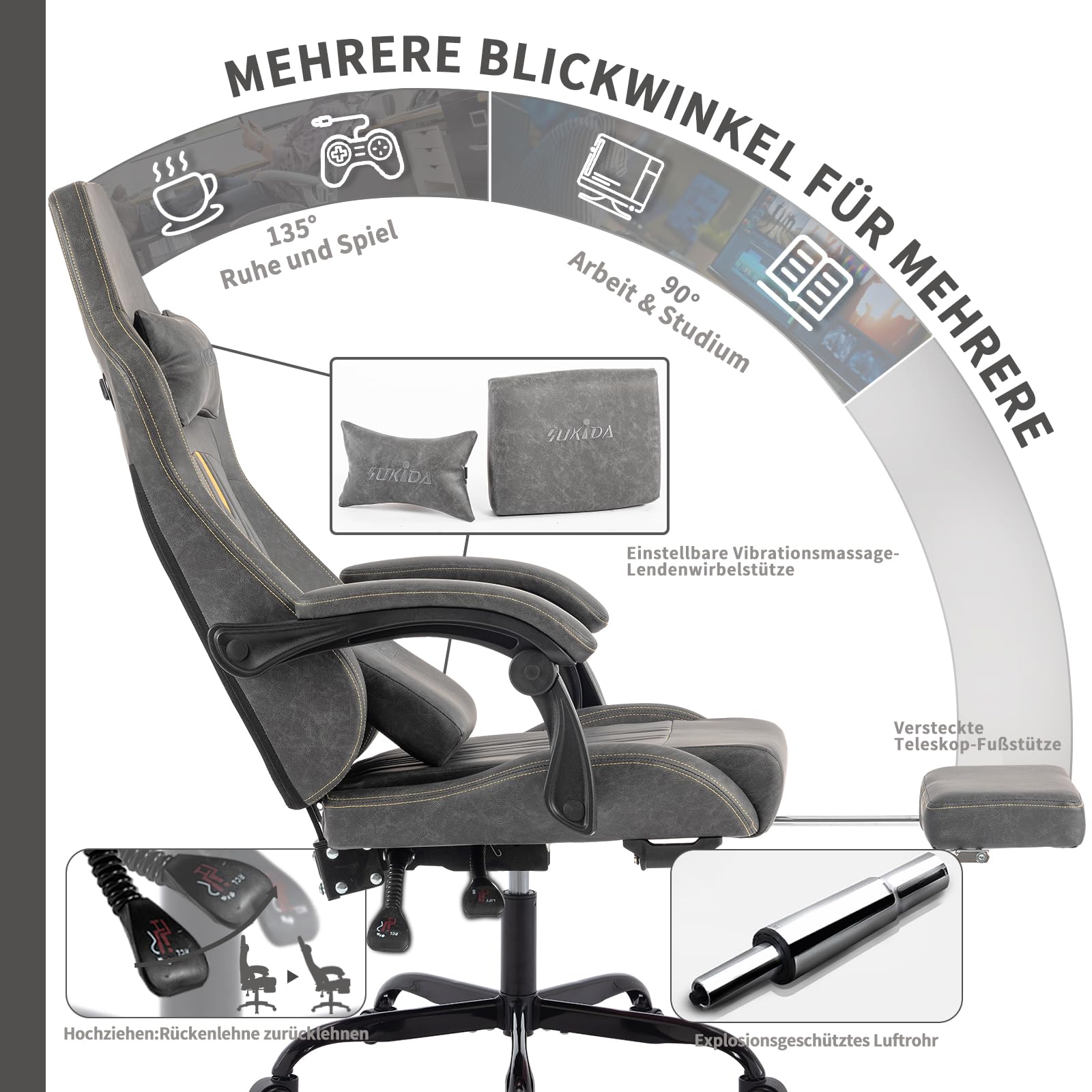 SUKIDA Gaming Stuhl Computerstuhl Ergonomischer Gaming Chair mit Fußstütze Bürostuhl Ergonomischer Computerstuhl mit Lendenwirbelstütze Grey