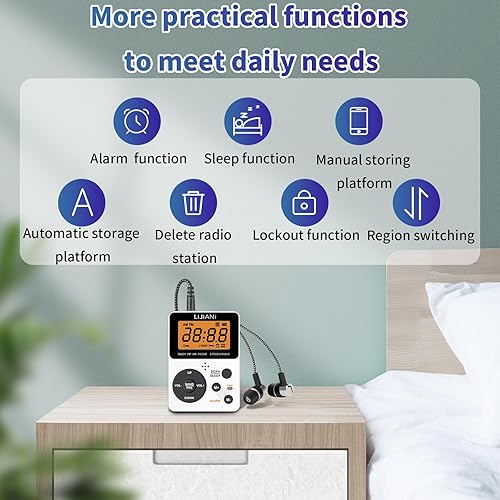 Miniatura 2 de Radio AM FM portátil de bolsillo con auriculares estéreo, radio a batería por 2 AAA, preajuste manual, pantalla grande, radios de llave de bloqueo,