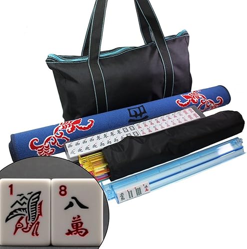 Birsppy We Pay Your Sales - Funda de mesa libre de impuestos + bolsa negra de 166 azulejos con juego de mahjong americano con costuras azules
