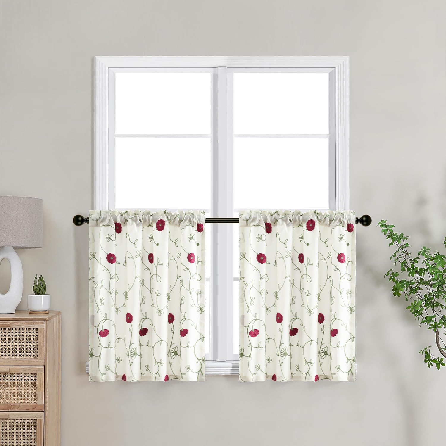 VOGOL Pink Floral Embroidered Window Tier Curtains, W30 x L30, 2 Panels