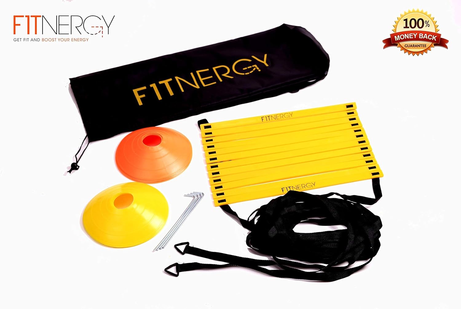 Speed and Agility Ladder Training Equipment Yellow 12 Rung Ladder Free Carrying Bag + 10 Speed Cones (5 Orange + 5 Yellow) + 4 Pegs & D-Rings Soccer Football